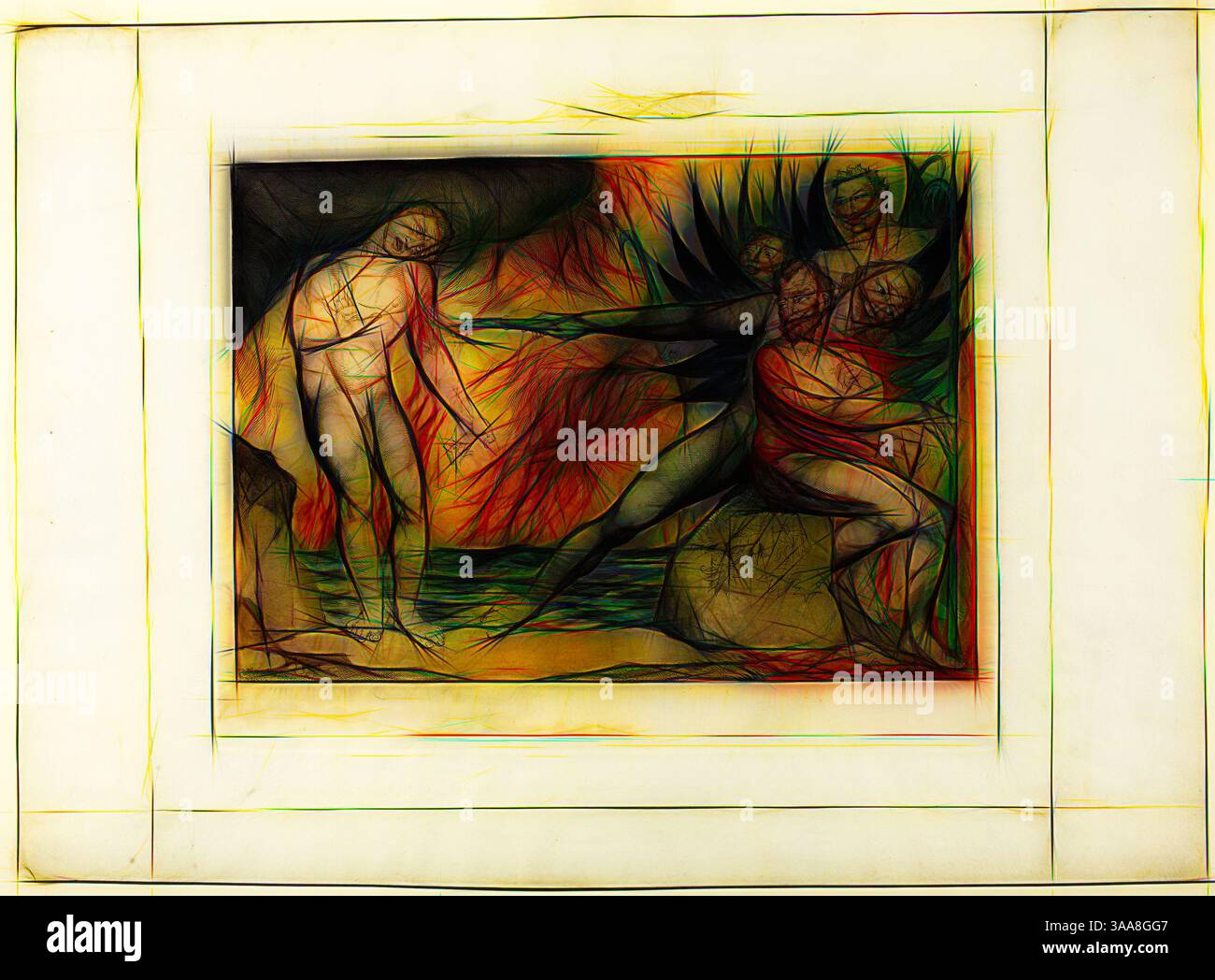 Una composizione dinamica con figure in posa espressiva, circondate da colori vorticosi e texture spettacolari. La figura centrale si avvicina ad un'altra, mentre altre figure incarnano temi di movimento ed emozione, ambientati su un ricco sfondo astratto. Arte classica con un tocco moderno reinventata da Artotop, basata sul Circolo dei funzionari corrotti, i Diavoli tormentano Ciampolo. Inferno, canto XXII, 1827, stampato c. 1892, William Blake, inglese, 1757-1827, Inghilterra, incisione colorata a mano su carta India, stilata su carta tessuta (chine colline), 237 x 335 mm (immagine), 276 x 356 mm Foto Stock