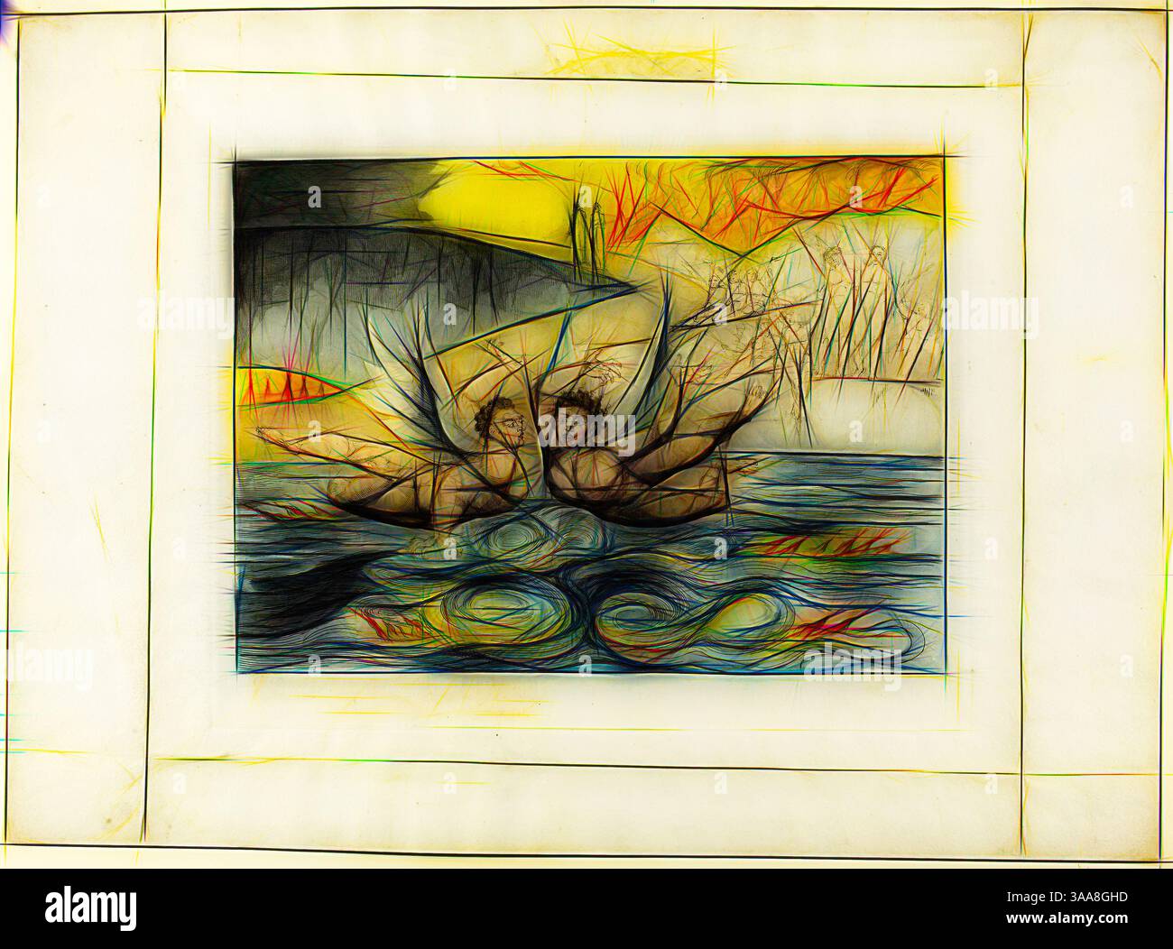 Due figure sono raffigurate in un abbraccio dinamico, circondato da acqua vorticosa. I colori vivaci si fondono sullo sfondo, suggerendo un paesaggio con ripide colline e un cielo ardente, creando un senso di movimento ed emozione. La scena evoca temi di connessione e lotta all'interno di un ambiente naturale., arte classica con un tocco moderno reinventata da Artotop, basata sul cerchio dei funzionari corrotti, i Diavoli si strappano a vicenda. Inferno, canto XXII., 1827, stampato c. 1892, William Blake, inglese, 1757-1827, Inghilterra, incisione colorata a mano su carta dell'India, stilata su carta tessuta (chine colline), 240 x 3 Foto Stock