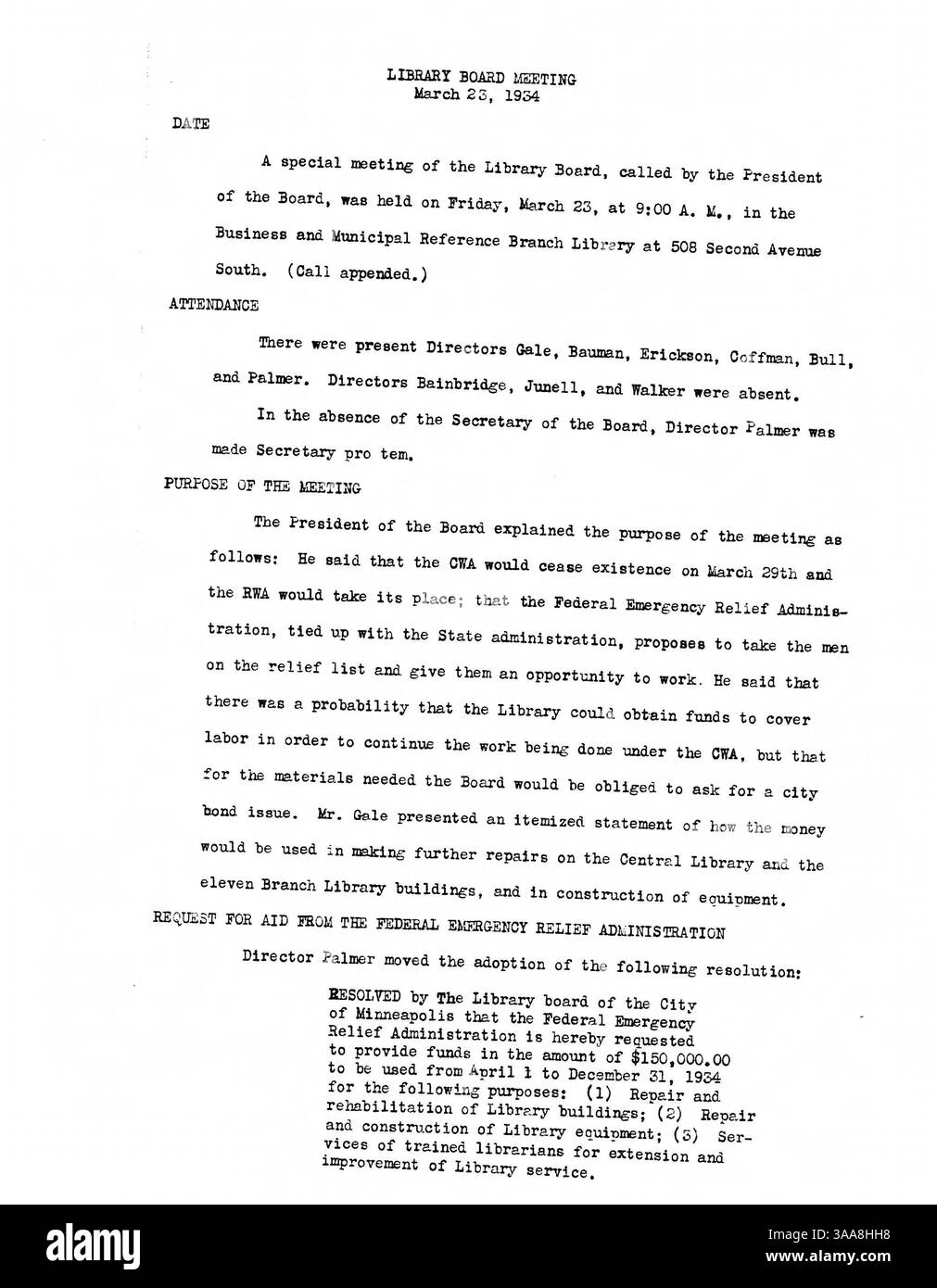 Questo record della riunione del Consiglio della Biblioteca pubblica di Minneapolis del 1934 delinea le decisioni prese in merito all'infrastruttura della biblioteca, ai servizi pubblici e alla gestione fiscale. Foto Stock