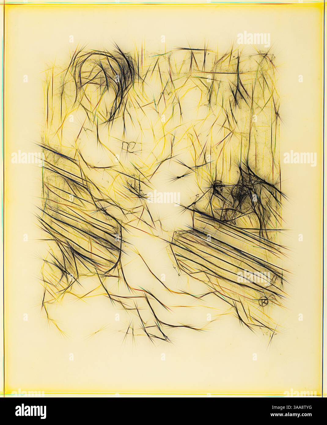 Una rappresentazione astratta caratterizzata da linee e forme intrecciate che evocano un senso di movimento e profondità, con un'enfasi su texture contrastanti e forme organiche. La composizione suggerisce fluidità e una qualità da sogno, attirando lo spettatore in uno spazio contemplativo., arte classica con un tocco moderno reinventata da Artotop, basata su Emilienne d’Alenco, da Treize Lithographies, 1898, pubblicata prima del 1906, Henri de Toulouse-Lautrec, francese, 1864-1901, Francia, litografia su carta tessuta crema, 292 x 243 mm (immagine), 392 x 321 mm (foglio) Foto Stock