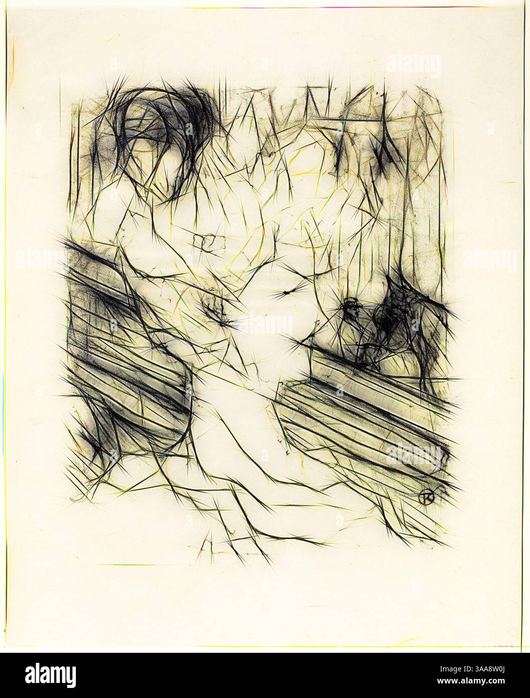 Una rappresentazione astratta di due figure intrecciate, circondate da una rete di linee e forme dinamiche che evocano movimento ed emozione, creando un senso di intimità e connessione., arte classica con un tocco moderno reinventata da Artotop, basata su Emilienne d’Alenco, da Treize Lithographies, 1898, pubblicata prima del 1906, Henri de Toulouse-Lautrec, francese, 1864-1901, Francia, litografia su carta in avorio, 285 x 234 mm (immagine), 391 x 316 mm (foglio) Foto Stock