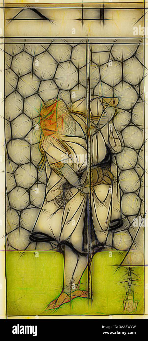 Una figura in abbigliamento tradizionale si trova vicino a un muro a motivi geometrici, la loro postura suggerisce contemplazione o introspezione. L'intricato design che li circonda migliora il senso di profondità e prospettiva, creando un contrasto visivo sorprendente tra il soggetto e lo sfondo., arte classica con un tocco moderno reinventata da Artotop, basata sull'attore Matsumoto Koshiro III come Kikuchi Hyogo Narikage nel gioco Katakiuchi Chuko Kagami, eseguita al Teatro Nakamura nel sesto mese, 1770, c. 1770, Katsukawa Shunsho 勝川 春章, colore giapponese, 1726-1792, stampa, Giappone hosoban, secondo da le Foto Stock