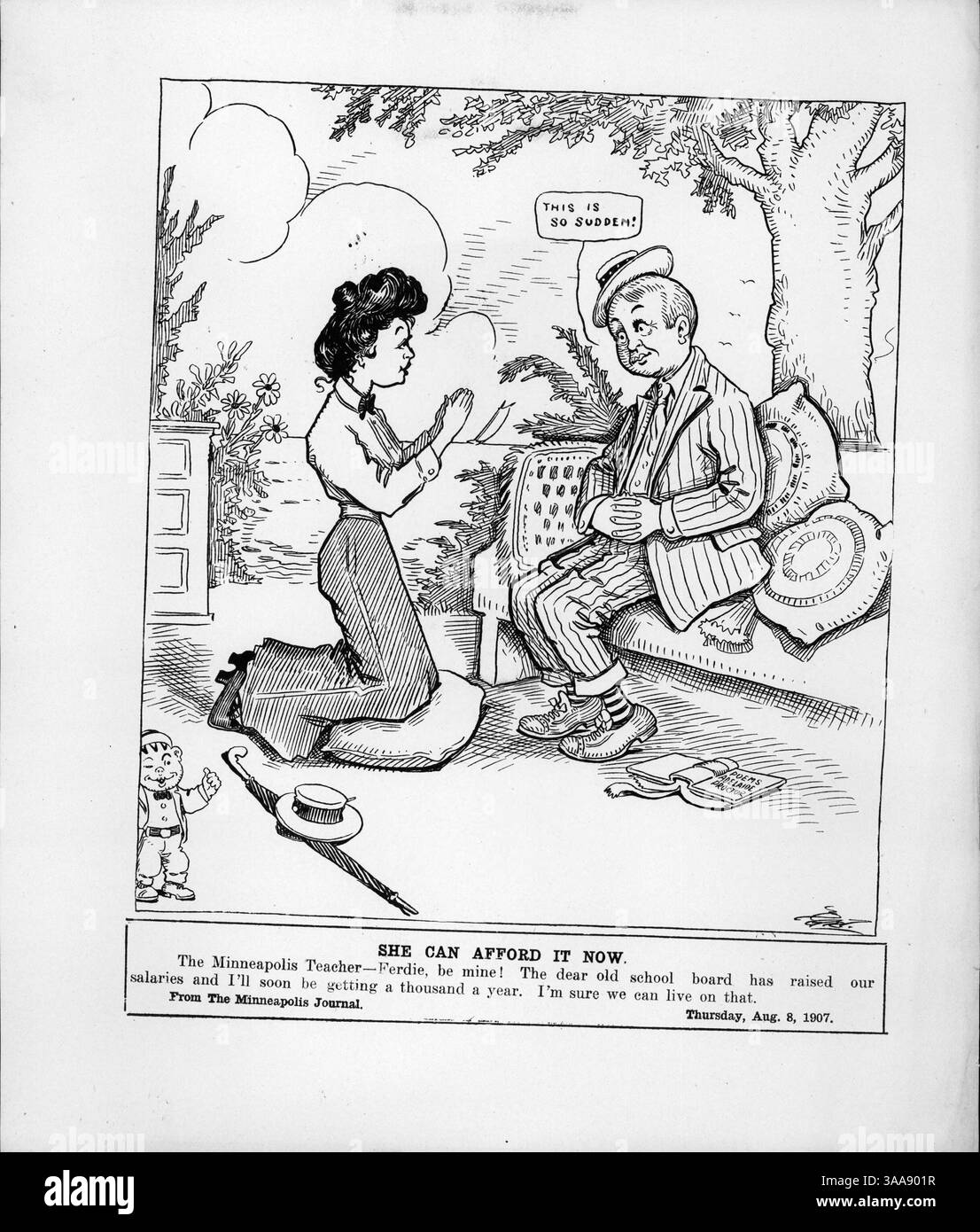 L'insegnante di Minneapolis propone al suo ragazzo dopo un aumento di stipendio dal Consiglio scolastico, segnando la maggiore stabilità finanziaria degli educatori all'inizio del XX secolo. Foto Stock