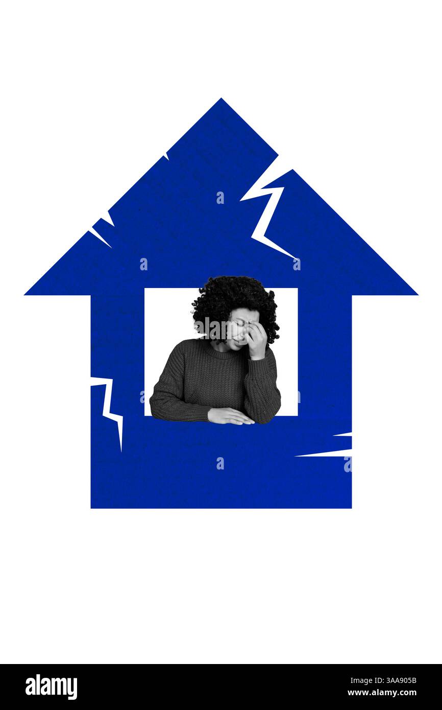 Creative composite sketch design artwork collage di legge consente diritti di cittadinanza del governo tetto di casa rotto giovane signora seduto depresso Foto Stock