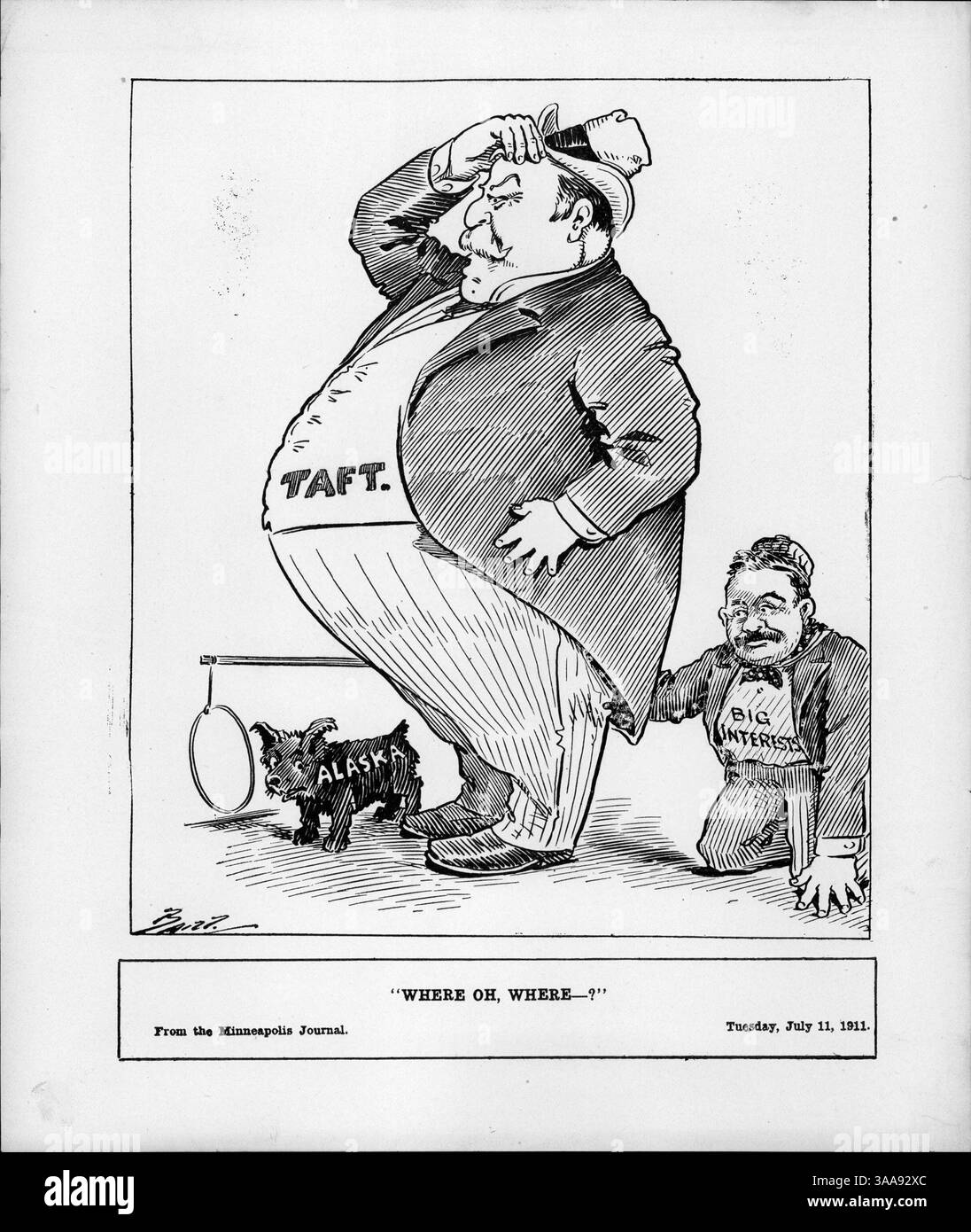 Il cartone animato politico del 1911, 'Where Oh, Where?', raffigura il presidente Taft alla ricerca del suo cane 'Alaska' nel controverso affare Pinchot-Ballinger. Il cartone riflette le tensioni sul controllo dei giacimenti di carbone dell'Alaska e le accuse di favoritismo politico. Foto Stock