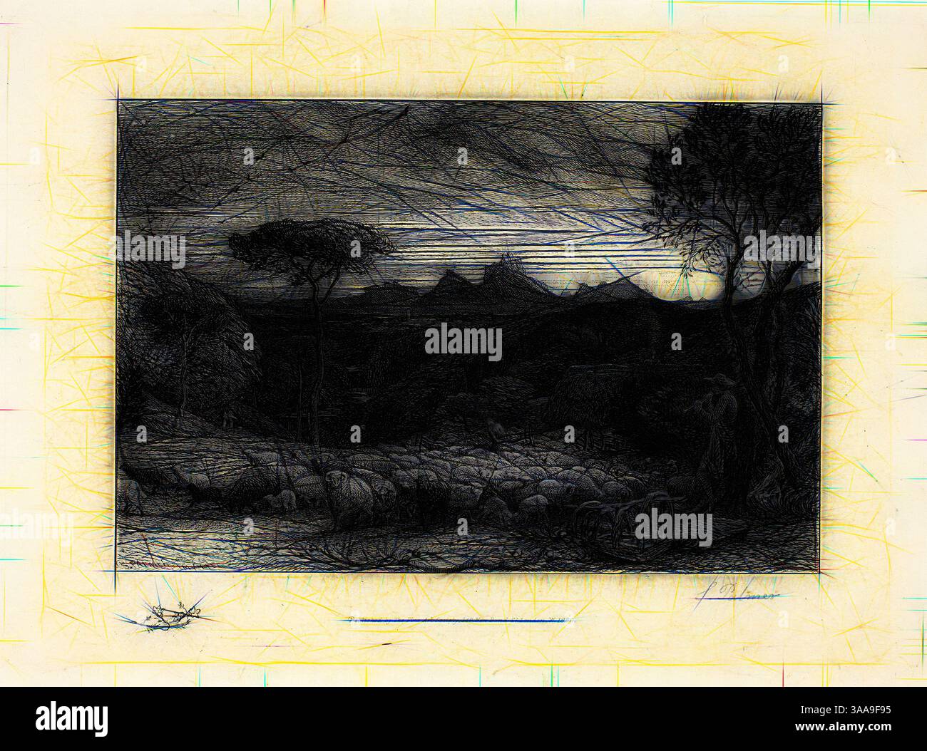 Un paesaggio sereno si dispiega, caratterizzato da colline ondulate e un cielo spettacolare, con alberi sagomati che incorniciano la scena. Un gregge di pecore pascolano pacificamente in primo piano, mentre montagne lontane si insinuano sotto una luce soffusa e sbiadita. L'atmosfera generale trasmette un senso di tranquillità e bellezza naturale. Arte classica con un tocco moderno reinventata da Artotop, basata su Opening the Fold, n.d., Samuel Palmer, inglese, 1805-1881, Inghilterra, incisione in nero su carta, 119 x 177 mm (immagine), 190 x 240 mm (piastra), 275 x 360 mm (foglio), Catalogo della Gloria del mondo, di Barthélemy de Chasseneuz, incluso Foto Stock