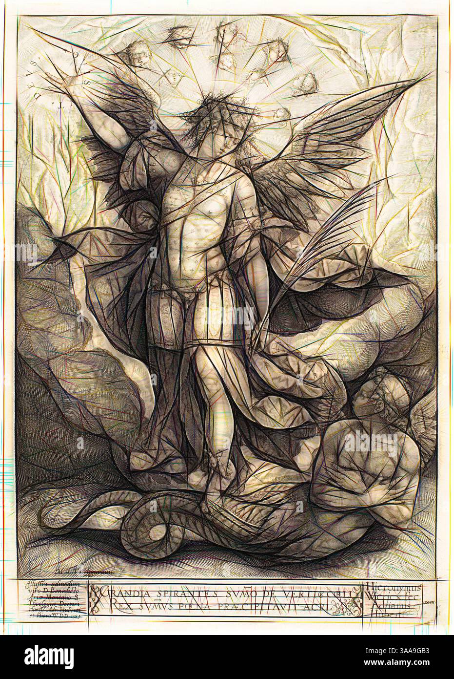 Una rappresentazione stilizzata di una figura alata, possibilmente una presenza angelica o divina, si erge con un braccio sollevato, trasudando potere e autorità. La figura è decorata con un'armatura complessa, circondata da forme vorticose e da una figura seduta a contrasto, che evoca temi di confronto e risoluzione. Elementi eterei e linee dinamiche esaltano il senso di movimento e grandezza., arte classica con un tocco moderno reinventata da Artotop, basata su San Michele trionfante sul drago, 1584, Jerome Wierix (fiammingo, 1553-1619), dopo Martin de Vos (fiammingo, 1532-1603), Fiandre, incisione in nero su avorio Foto Stock
