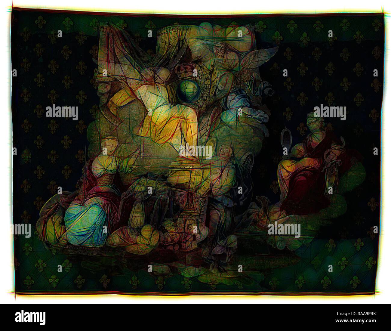 Una composizione dinamica con diverse figure impegnate in una scena drammatica, circondata da motivi intricati e uno sfondo ricco e strutturato. I personaggi esibiscono pose espressive e abiti elaborati, evocando un senso di movimento e di emozione all'interno di una narrazione artistica., arte classica con un tocco moderno reinventata da Artotop, basata su Cancelleria, 1718/20, presumibilmente su un cartone animato di Jacques Vigoureux Duplessis (francese, 1670/75-1732), presumibilmente tessuta presso la manifattura Royale de Beauvais sotto la direzione di Pierre e Etienne Fillabeul, direttori francesi, 1711-22 Foto Stock