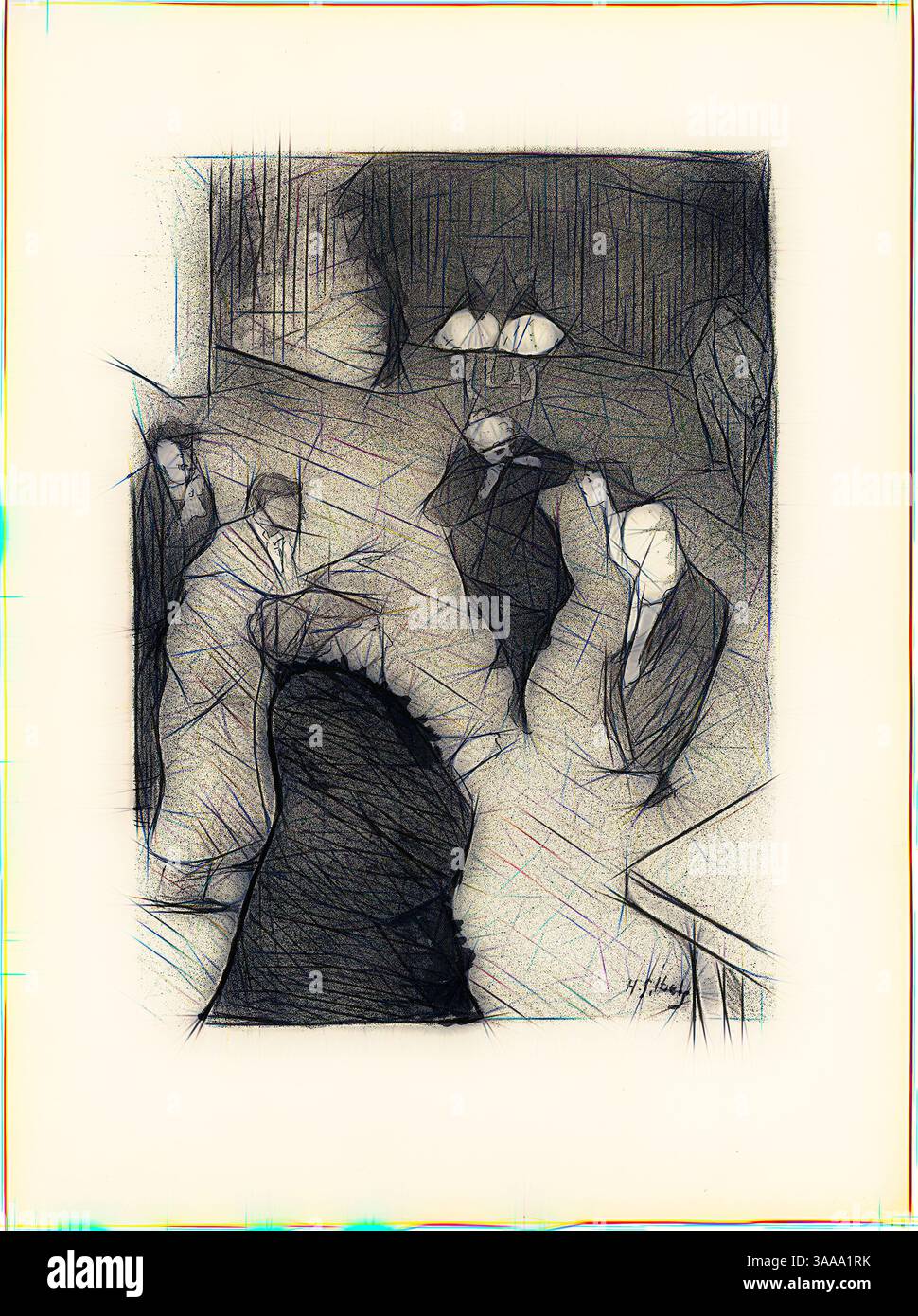 Un gruppo di personaggi si trova in un ambiente scarsamente illuminato, impegnato in una conversazione. Le loro posizioni e espressioni distinte suggeriscono un momento di intensa discussione, mentre l'illuminazione soffusa proietta ombre sottili, esaltando l'atmosfera della scena., arte classica con un tocco moderno reinventata da Artotop, basata su Emilienne d'Alenco che prova al Folies-Bergère, da le Café-Concert, 1893, Henri-Gabriel Ibels (francese, 1867-1936), stampato da Edward Ancourt & Cie (francese, XIX-XX secolo), pubblicato da l'Estampe originale (francese, 1893-1895), Francia, litografia su carta tessuta crema, 309 x 228 mm (ima Foto Stock