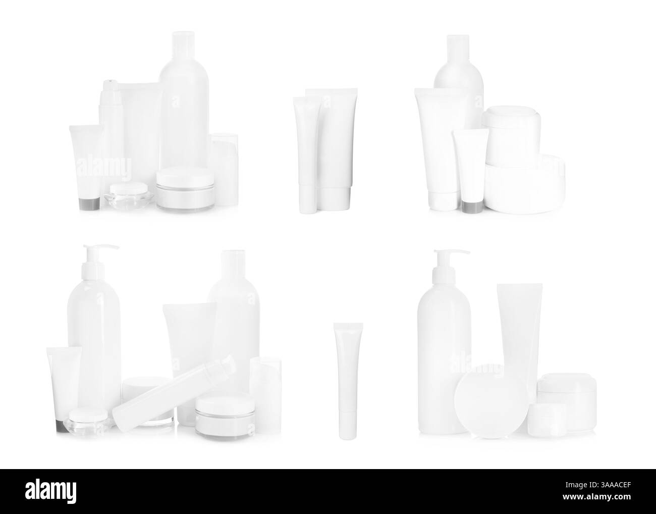 Diversi prodotti cosmetici isolati su collage bianco Foto Stock