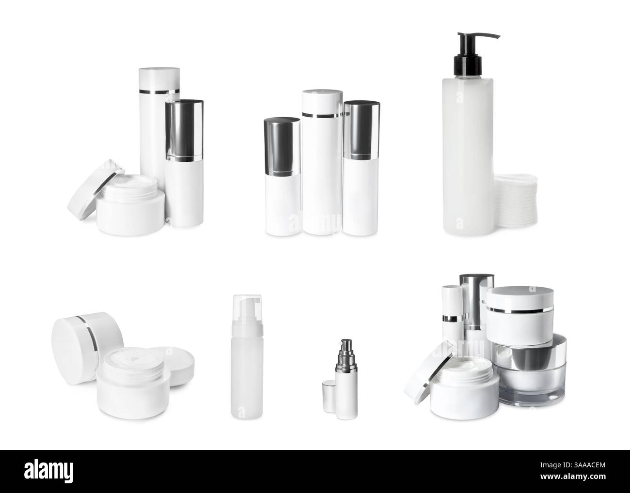 Diversi prodotti cosmetici isolati su collage bianco Foto Stock