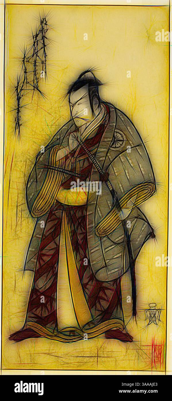 Un samurai si erge con un'espressione solenne, vestito con abiti tradizionali adornati da motivi intricati. La sua posizione trasmette forza e risolutezza, mentre delicati gambi di bambù accentuano lo sfondo, aggiungendo un tocco di natura alla scena., arte classica con un tocco moderno reinventata da Artotop, basata sull'attore Matsumoto Koshiro III come Matsuo-Maru nella Play Ayatsuri Kabuki Ogi, eseguita al Teatro Nakamura nel settimo mese, 1768, c. 1768, attribuito a Katsukawa Shunsho 勝川 春章, colore giapponese, 1726-1792, stampa giapponese, stampa, Giappone hosoban, 32 x 14,5 cm (12 5/8 x 5 11/16 poll.) Foto Stock