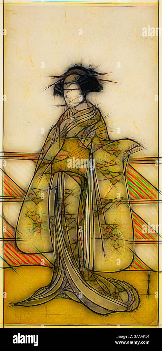 Una figura graziosa in un elaborato kimono si erge adagiata, circondata da delicati motivi e colori tenui che evocano un senso di eleganza e tradizione. L'intricato design del capo presenta motivi floreali che completano il carattere sereno. Arte classica con un tocco moderno reinventato da Artotop, basato sull'attore Yoshizawa Iroha i come Tamamo no Mae (?) Nella commedia Sakuya Kono Hana no Kaomise (?), eseguita al Nakamura Theater (?) Nell'undicesimo mese, 1776 (?), c. 1776, Katsukawa Shunsho 勝川 春章, giapponese, 1726-1792, Giappone, Stampa a blocchi di legno a colori, hosoban, da un multish Foto Stock