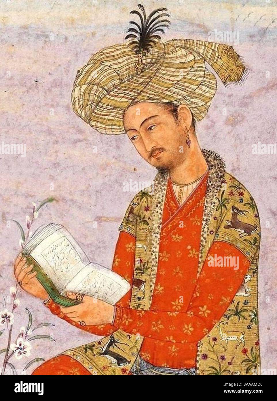 Ritratto idealizzato di Babur (1483-1530) in stile persiano, dipinto intorno al 1605-1615 in India Foto Stock