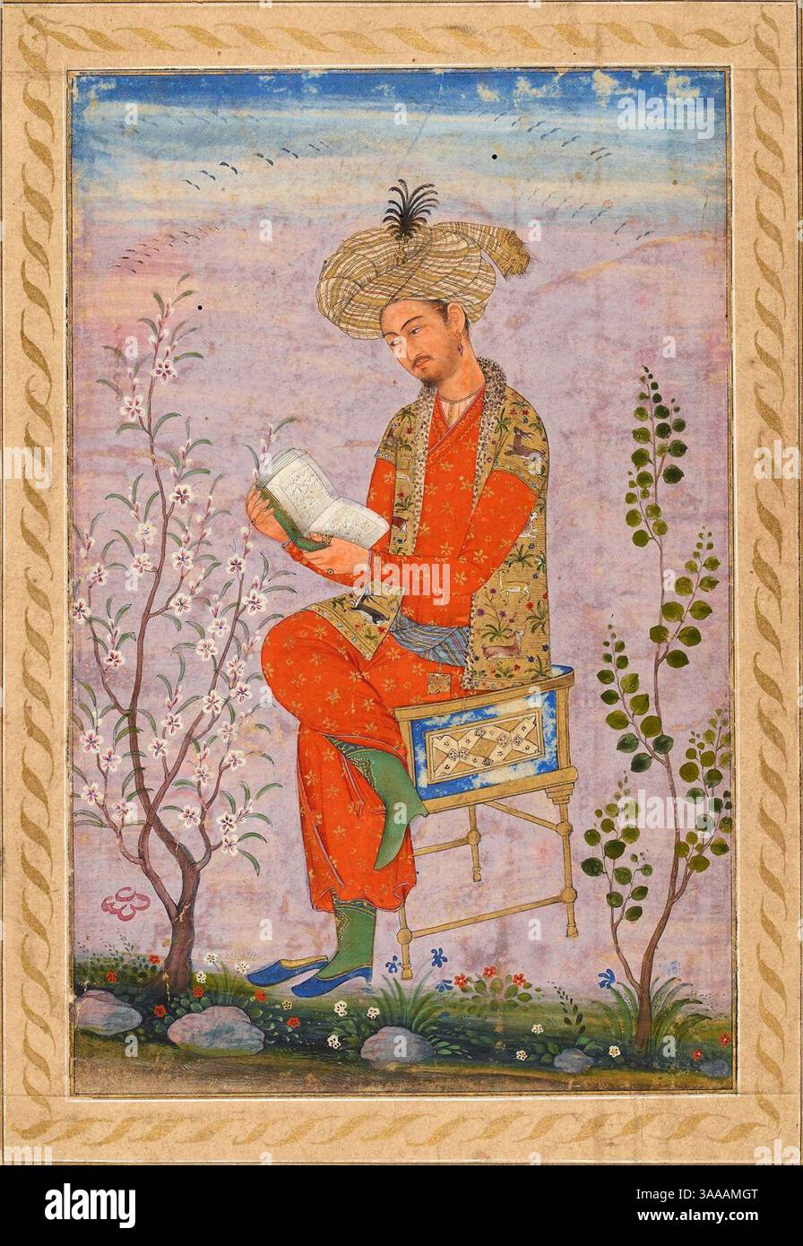 Ritratto idealizzato di Babur (1483-1530) che legge un libro, dipinto intorno al 1605-1615 in India Foto Stock