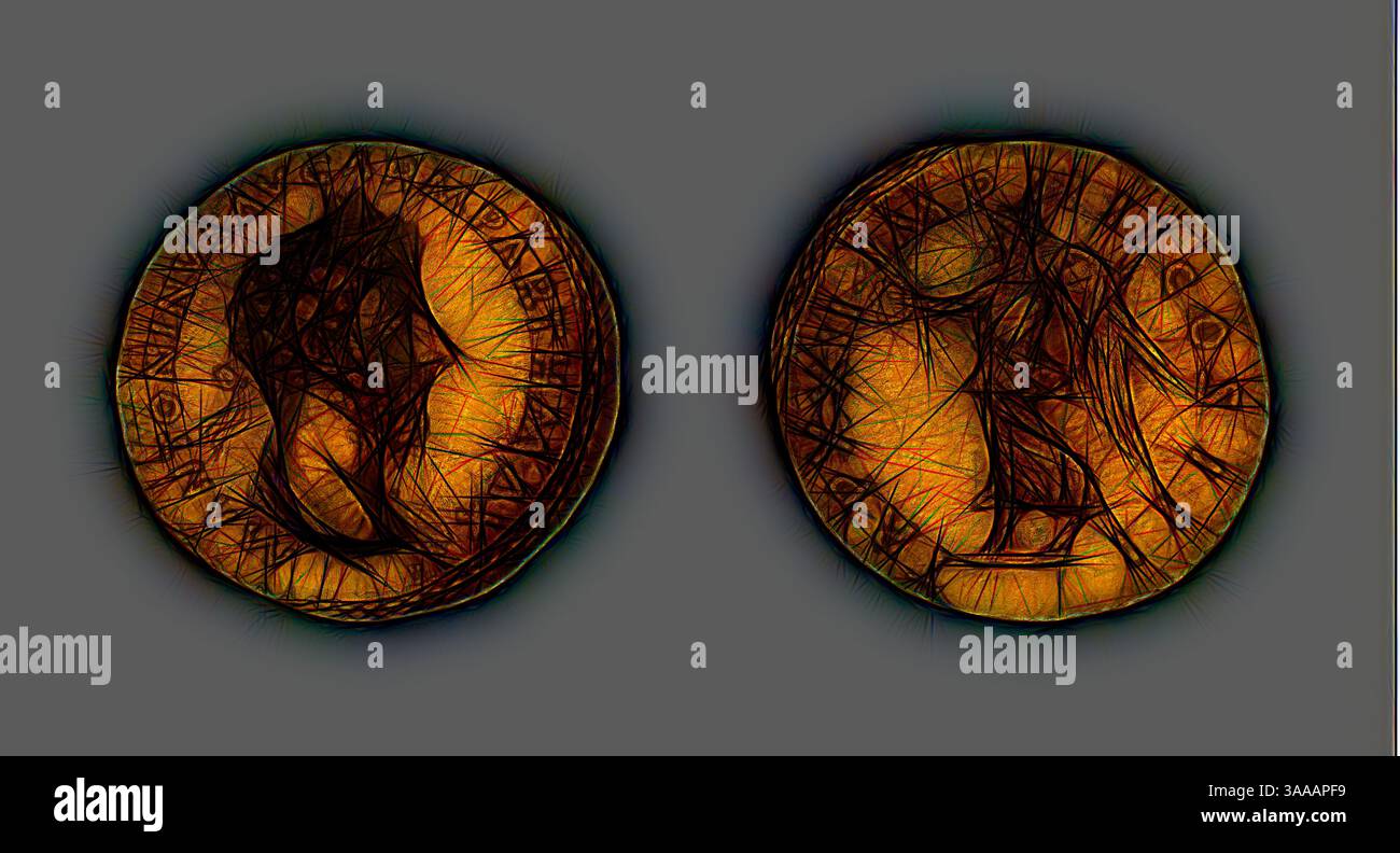 Due monete dal design complesso con figure e iscrizioni distintive, che mostrano un'interpretazione artistica del loro significato storico. Le trame e i dettagli sottolineano le loro caratteristiche uniche, richiamando l'attenzione sull'artigianalità dietro ogni pezzo., arte classica con un tocco moderno reinventata da Artotop, basata sull'aureo (moneta) che ritrae l'imperatore Marco Aurelio, 167 (dicembre)/168 (dicembre), pubblicata da Marco Aurelio e Lucio vero, romano, coniata a Roma, Italia, Oro, diam. 2 cm, 7,26 g Foto Stock