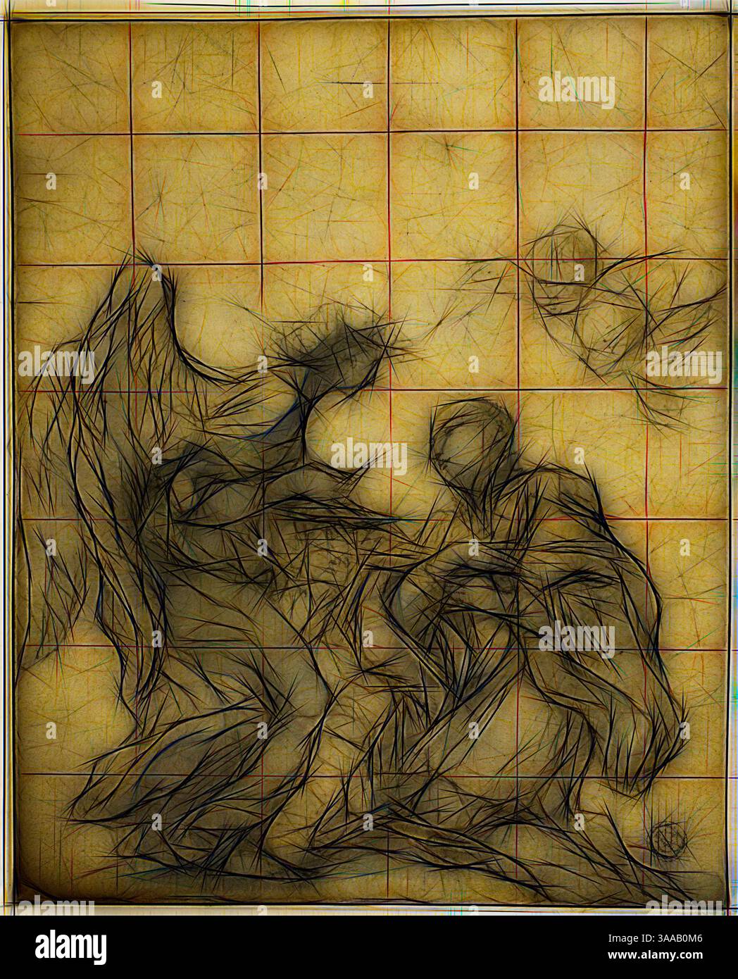 Rappresentazione stilizzata di due figure in un'interazione dinamica, con una che appare angelica e l'altra in una posa di sottomissione o riverenza. Linee astratte e forme si intrecciano, creando un senso di movimento e presenza eterea, mentre una debole figura si alza sopra, aggiungendo alla composizione drammatica., arte classica con un tocco moderno reinventata da Artotop, basata sulla Comunione di San Stanislao Kostka, n.d., Circolo di Gian Lorenzo Bernini (italiano, 1598-1680), o forse dopo Giovanni Battista Gaulli (italiano, 1639-1709), o attribuito a Giovanni Paolo Schor (austriaco, 1615-1674) Foto Stock