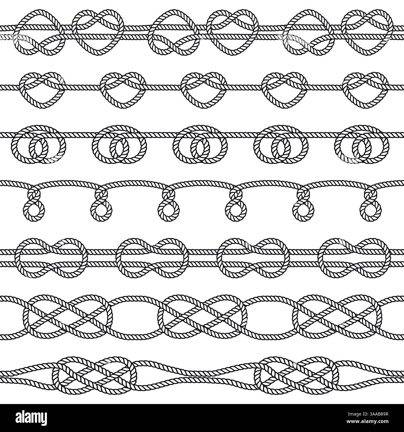 Set di nodi di fune. Elementi decorativi senza cuciture. Illustrazione vettoriale Illustrazione Vettoriale