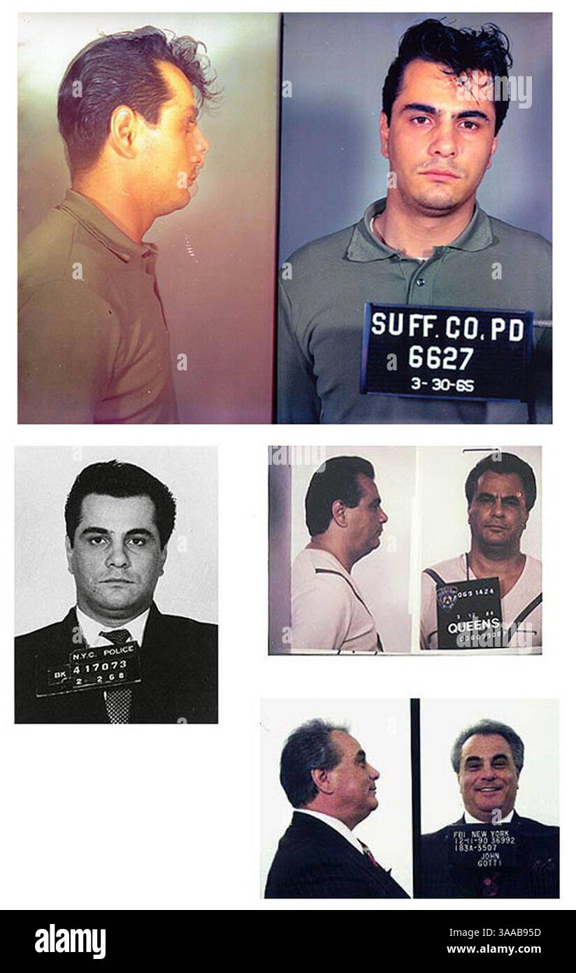 Mugshots Over the Years of JOHN GOTTI (27 ottobre 1940 - 10 giugno 2002) (noto anche come The Dapper Don e The Teflon Don) è stato il boss della famiglia Gambino, una delle più temute famiglie mafiose di New York. Divenne ampiamente noto per la sua personalità schietta e lo stile sgargiante che lo rendeva il figlio del manifesto dei mafiosi, un'immagine che persiste ancora oggi. Foto Stock