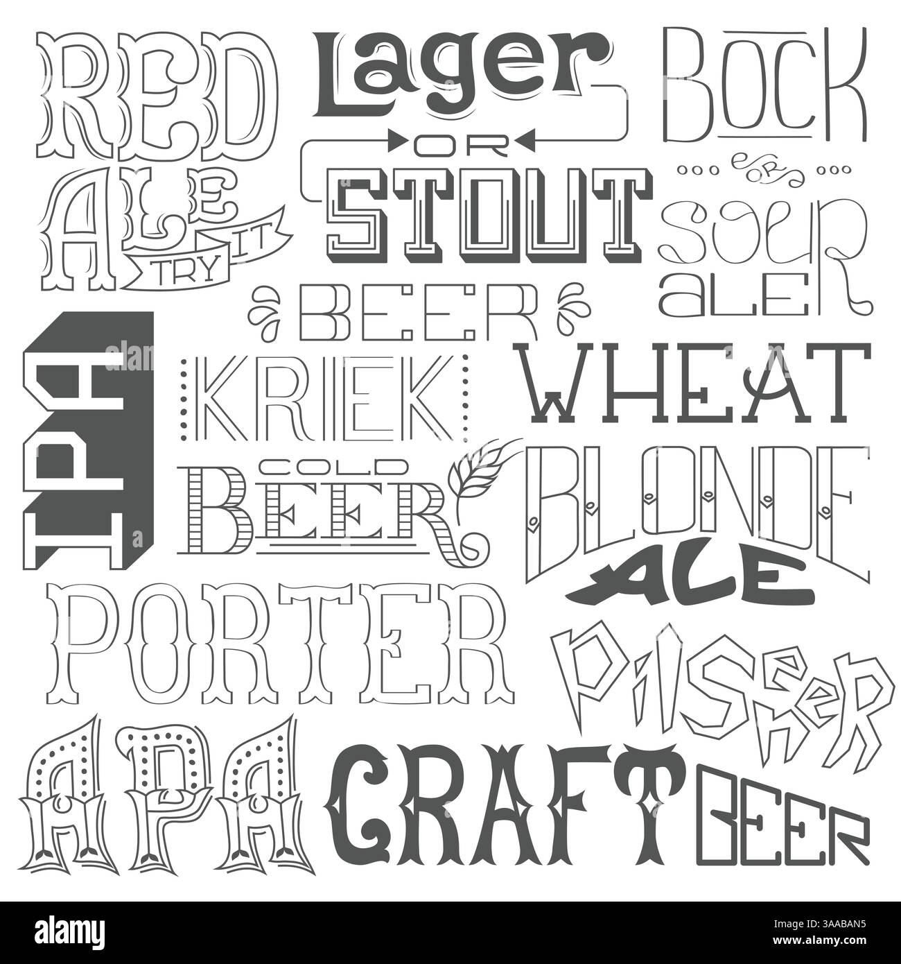 Tipi di birra. Scritte disegnate a mano per bar, pub, caffè, festival e feste. Disegno vintage per menu pub, birreria, poster, etichetta o logo. VECTO Illustrazione Vettoriale