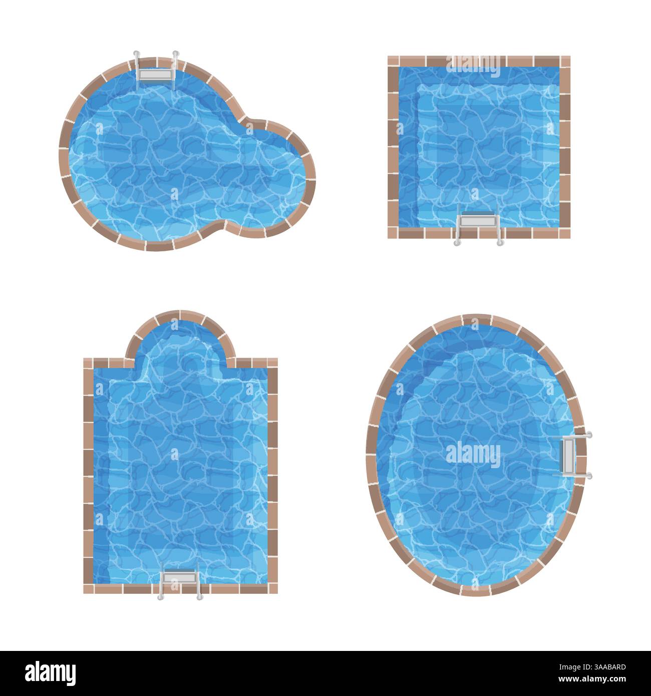 Set di piscine di diverse forme con acqua blu trasparente e pulita. Vista dall'alto. Illustrazione vettoriale piatta Illustrazione Vettoriale