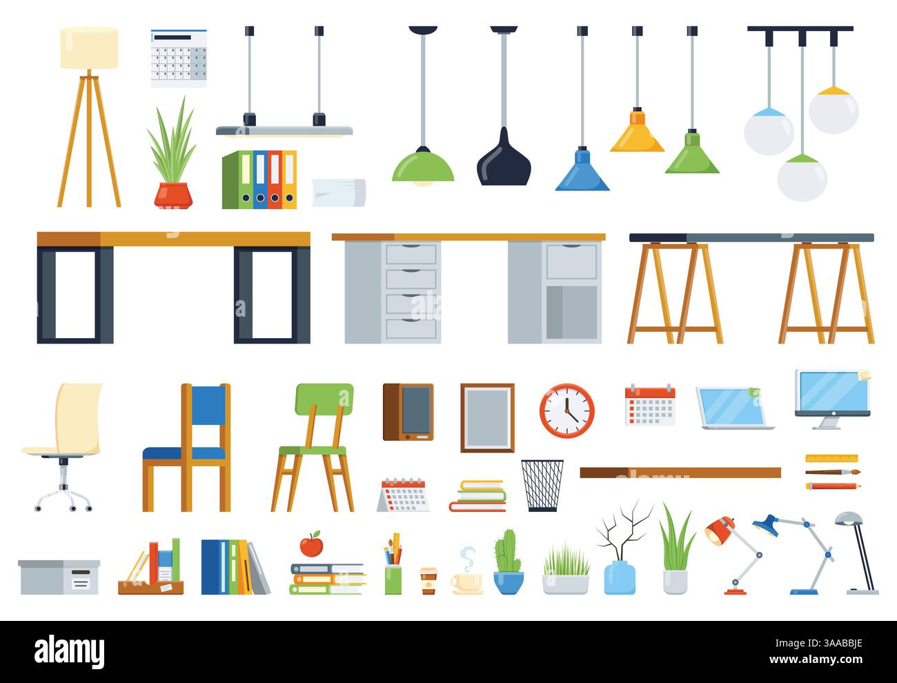 Arredi, accessori e piante per interni moderni. Kit per la creazione del luogo di lavoro. Gruppo di elementi vettoriali Illustrazione Vettoriale