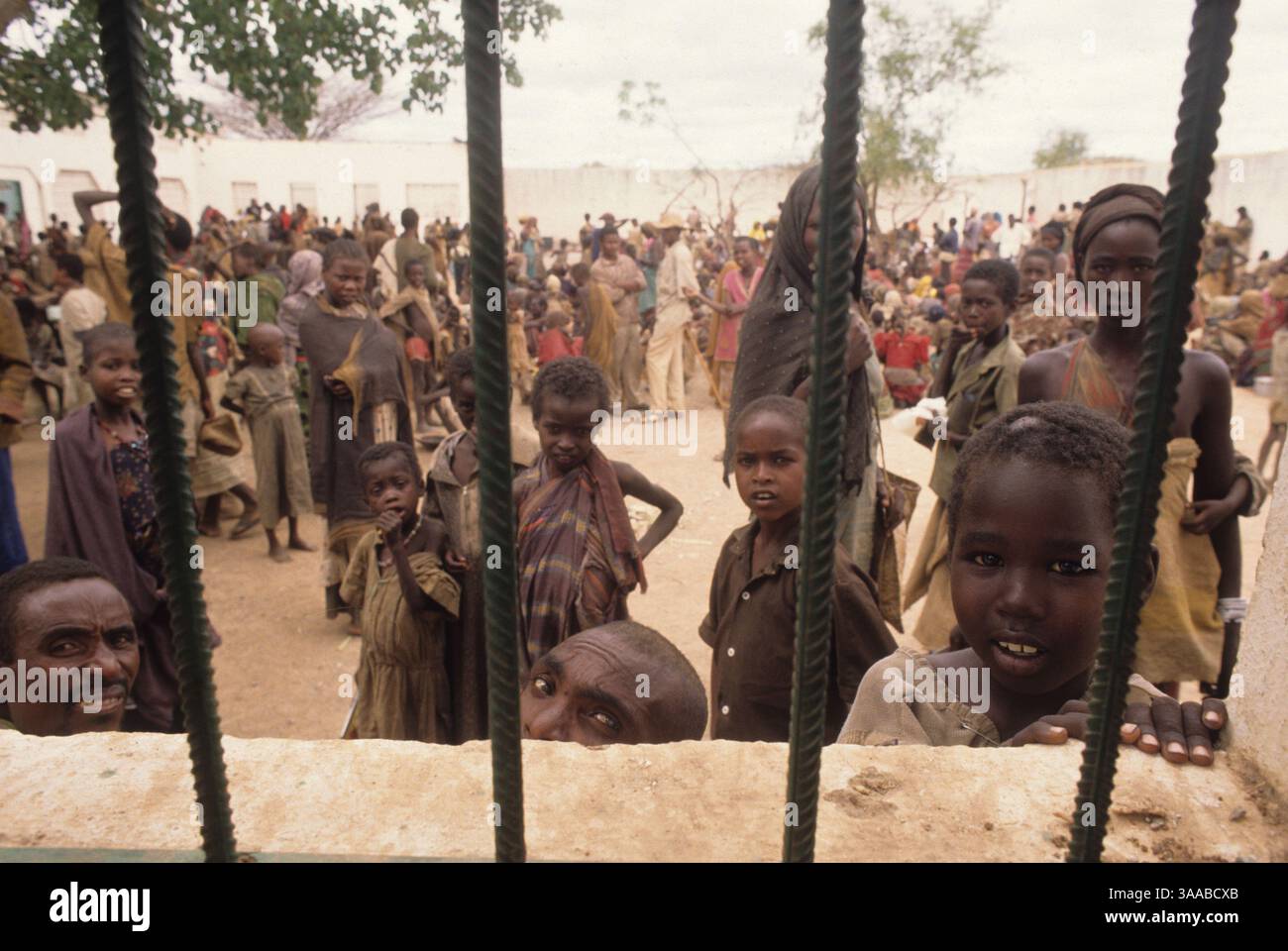 1 agosto 1992; Mogadiscio , SOMALIA; i somali si riuniscono nel cortile di un edificio che è stato convertito in un centro di distribuzione di cibo. La gente aspetta ore al sole per un pasto. Credito obbligatorio: Foto di Cheryl Hatch/ZUMA Press. (©) Copyright 1992 di Cheryl Hatch Foto Stock