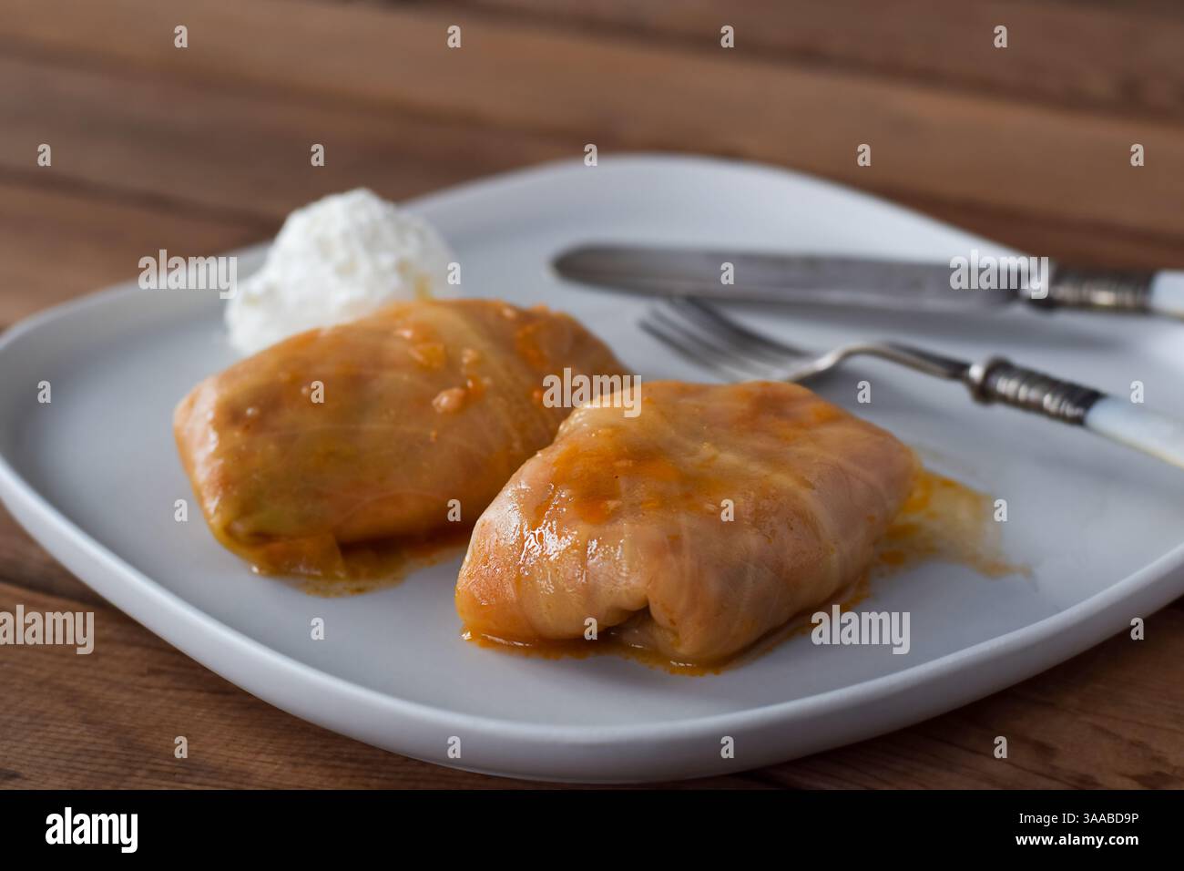 Rotoli di cavolo tradizionali ucraini su un piatto bianco con panna acida Foto Stock