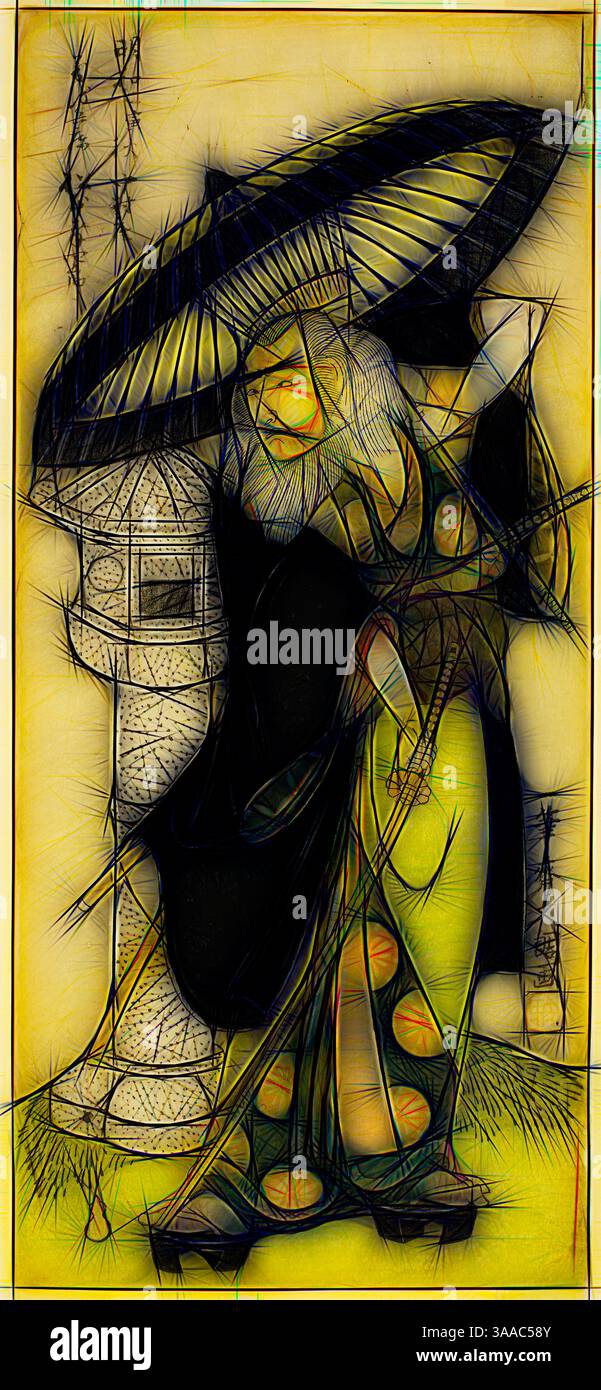 Una donna in abbigliamento tradizionale regge un grande ombrello, in piedi graziosamente accanto a una lanterna di pietra. Il suo abbigliamento fluente presenta fantasie intricate, mentre l'ambiente circostante suggerisce un ambiente sereno e naturale, arricchito da contorni audaci e vibranti., arte classica con un tocco moderno reinventata da Artotop, basata sull'attore Matsumoto Koshiro III nel ruolo di Kikuchi Hyogo Narikage nel dramma Katakiuchi Chuko Kagami (vendetta: A Model of Loyalty and Filial Duty), eseguito al Nakamura Theater dal quinto mese di 1770 Ippsai, 1770. attivo c. 1755-90, PU Foto Stock