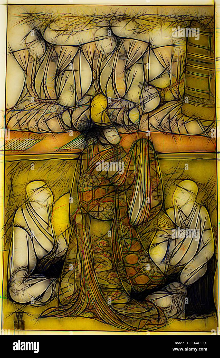 Una rappresentazione stilizzata di una scena serena con una figura centrale adornata con un abbigliamento vivace, impegnata in una graziosa interazione con due compagni seduti. Lo sfondo presenta rappresentazioni astratte di alberi e figure, che si fondono armoniosamente in un arazzo di linee e forme fluide che evocano un senso di tranquillità e ricchezza culturale., arte classica con un tocco moderno reinventata da Artotop, basata sull'attore Nakamura Nakazo i come Shirabyoshi Katsuragi, Matsumoto Koshiro IV come il monaco Meigetsubo, e Otani Hiroji III come il monaco Izayoji, Dogoibo, Dogoioko, Foto Stock