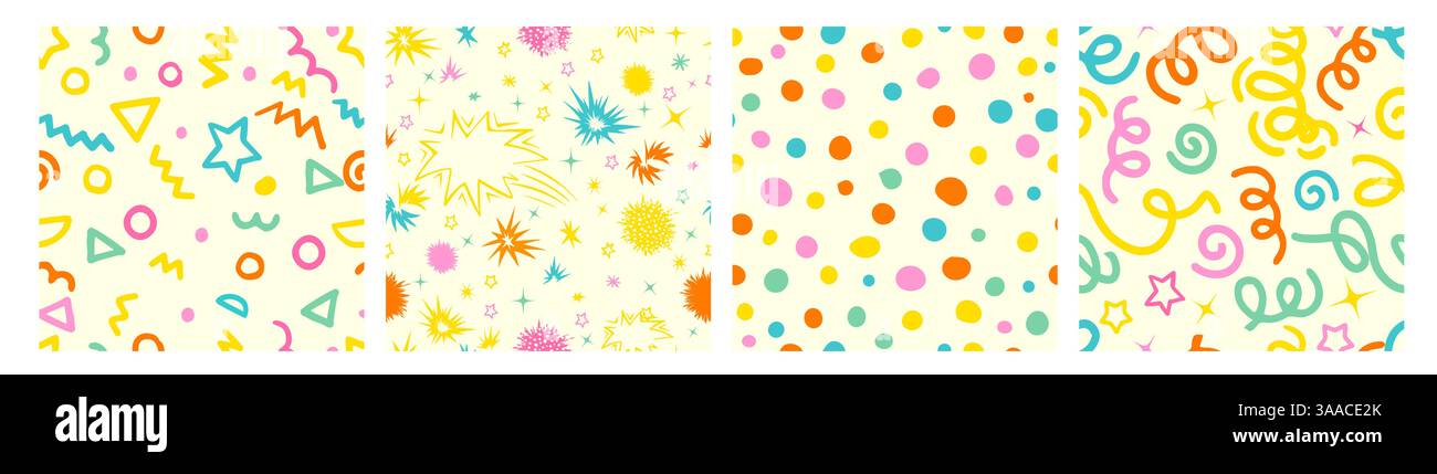 Set di graziosi motivi senza cuciture di linee e coriandoli ricurvi multicolori, pois, motivi a righe su sfondo chiaro, disegnati a mano Illustrazione Vettoriale