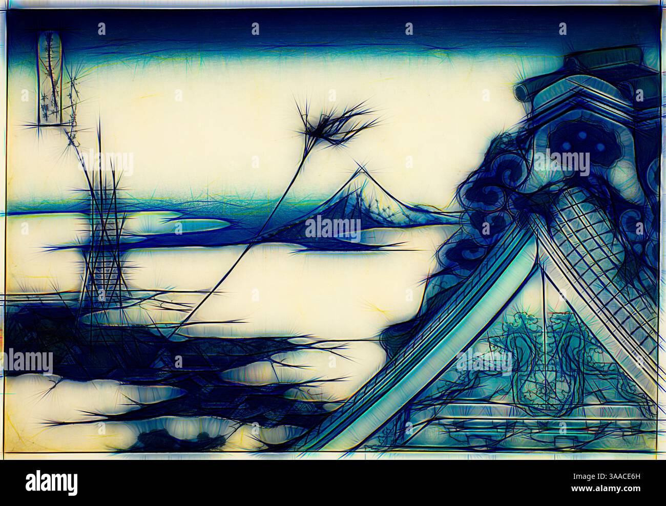 Un tranquillo paesaggio caratterizzato da dolci onde che si infrangono su un litorale, con montagne lontane visibili all'orizzonte. Le strutture sagomate suggeriscono l'architettura tradizionale, mentre la flora delicata si innalza in modo prominente, aggiungendo un elemento di tranquillità alla scena., arte classica con un tocco moderno reinventata da Artotop, basata sul Tempio Honganji ad Asakusa a Edo (Toto Asakusa Honganji), dalla serie trentasei vedute del Monte Fuji (Fugaku sanjurokkei), c. 1830/33, Katsushika Hokusai 葛飾 北斎, giapponese, 1760-1849 blocco di colori. oban, 1/8 x 5/8 poll. Foto Stock