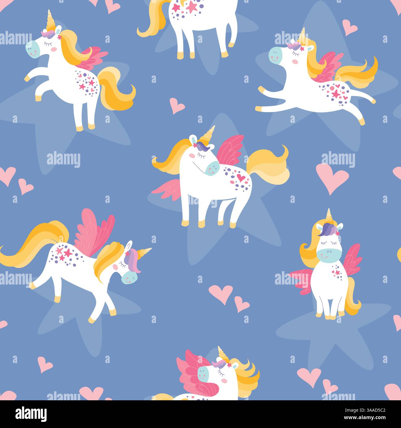 La magia dell'unicorno Childens è senza cuciture. Graziosi ornamenti di fiabe disegnati a mano con unicorni bianchi, cuori, stelle. Texture vettoriale per biancheria da letto per bambini, fabr Illustrazione Vettoriale