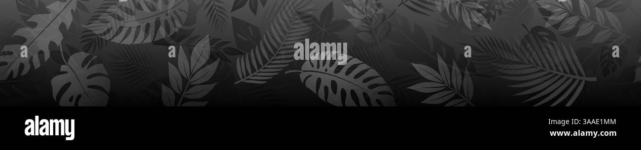 Il banner orizzontale senza cuciture presenta un design minimalista con varie foglie di palma tropicale in tonalità nere. Illustrazione Vettoriale