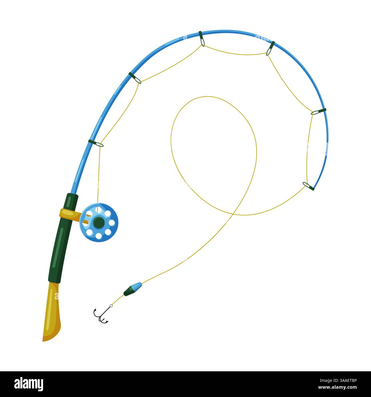 Una vivace canna da pesca completamente attrezzata con un rullo e una lenza da pesca, pronta per emozionanti avventure di pesca Illustrazione Vettoriale