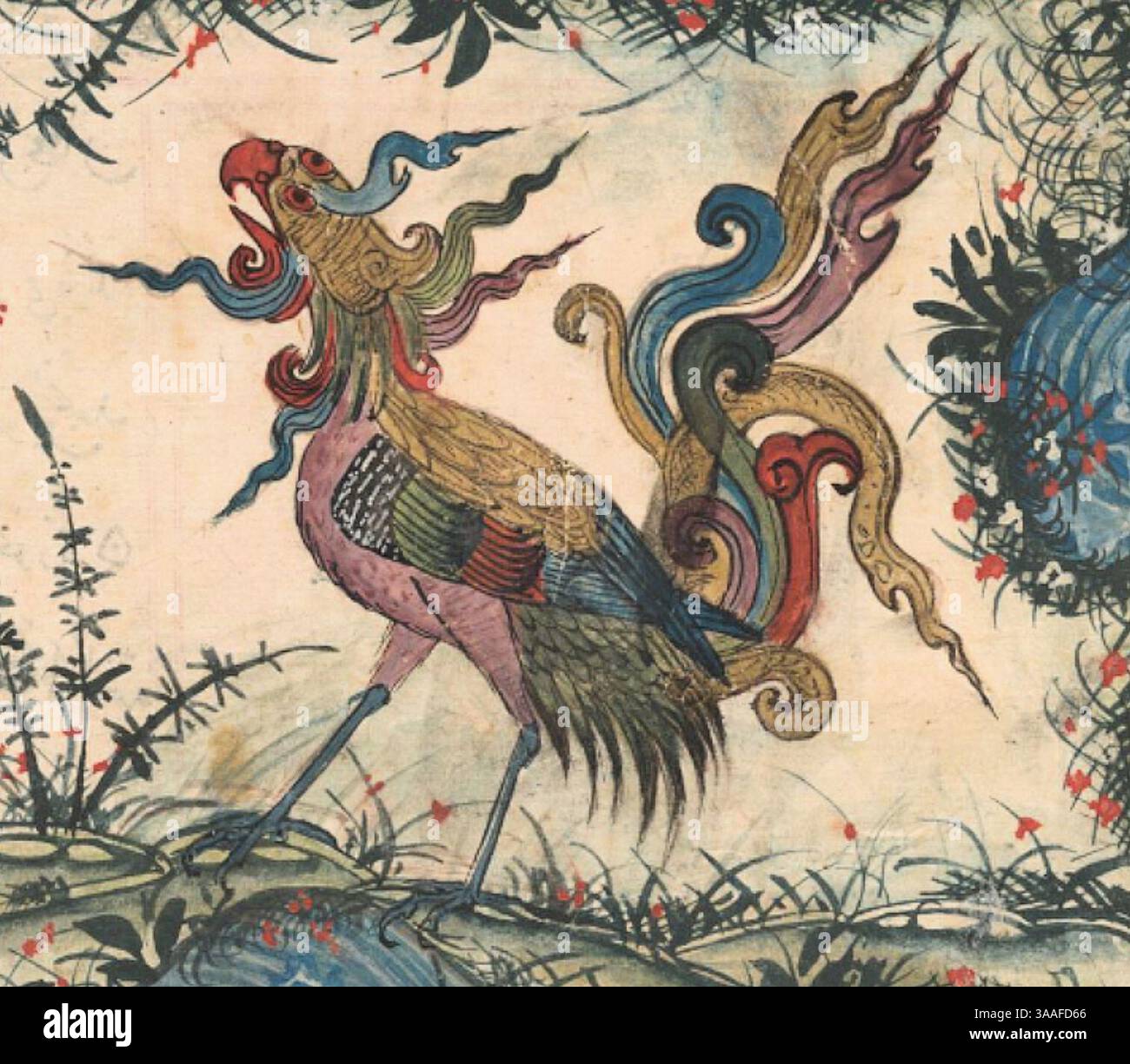 Iran, Maragheh, 1297-1298 o 1299-1300, sig.ra M.500 folio 55r Simurgh sull'isola circondata dall'acqua (dettaglio). Foto Stock