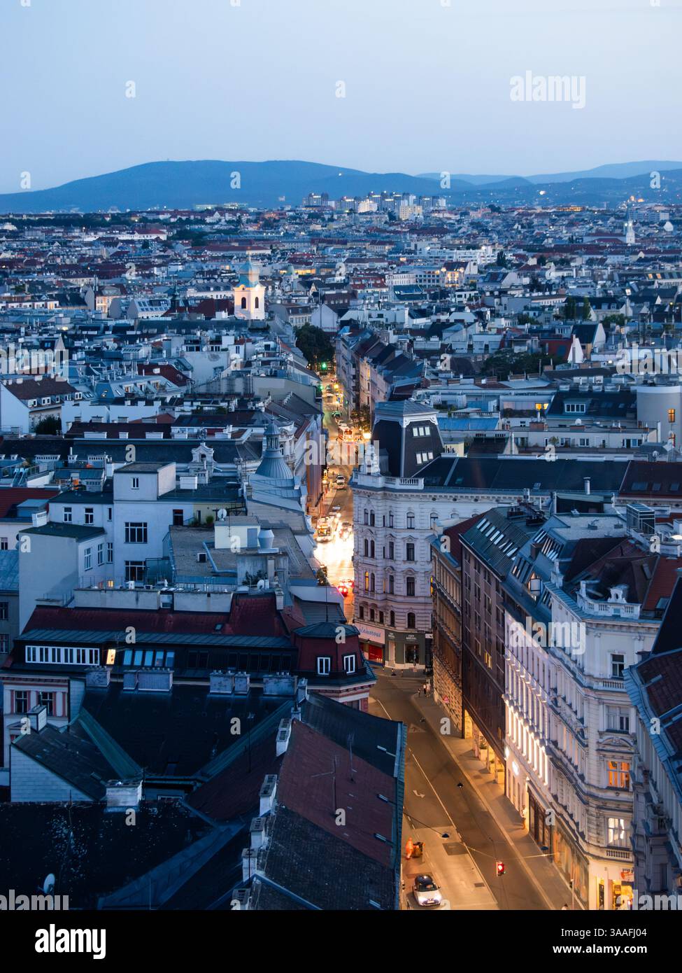Vienna di notte da un punto di vista aereo. Le strade trafficate sono illuminate di sera. Notte d'estate nella capitale europea. Foto Stock