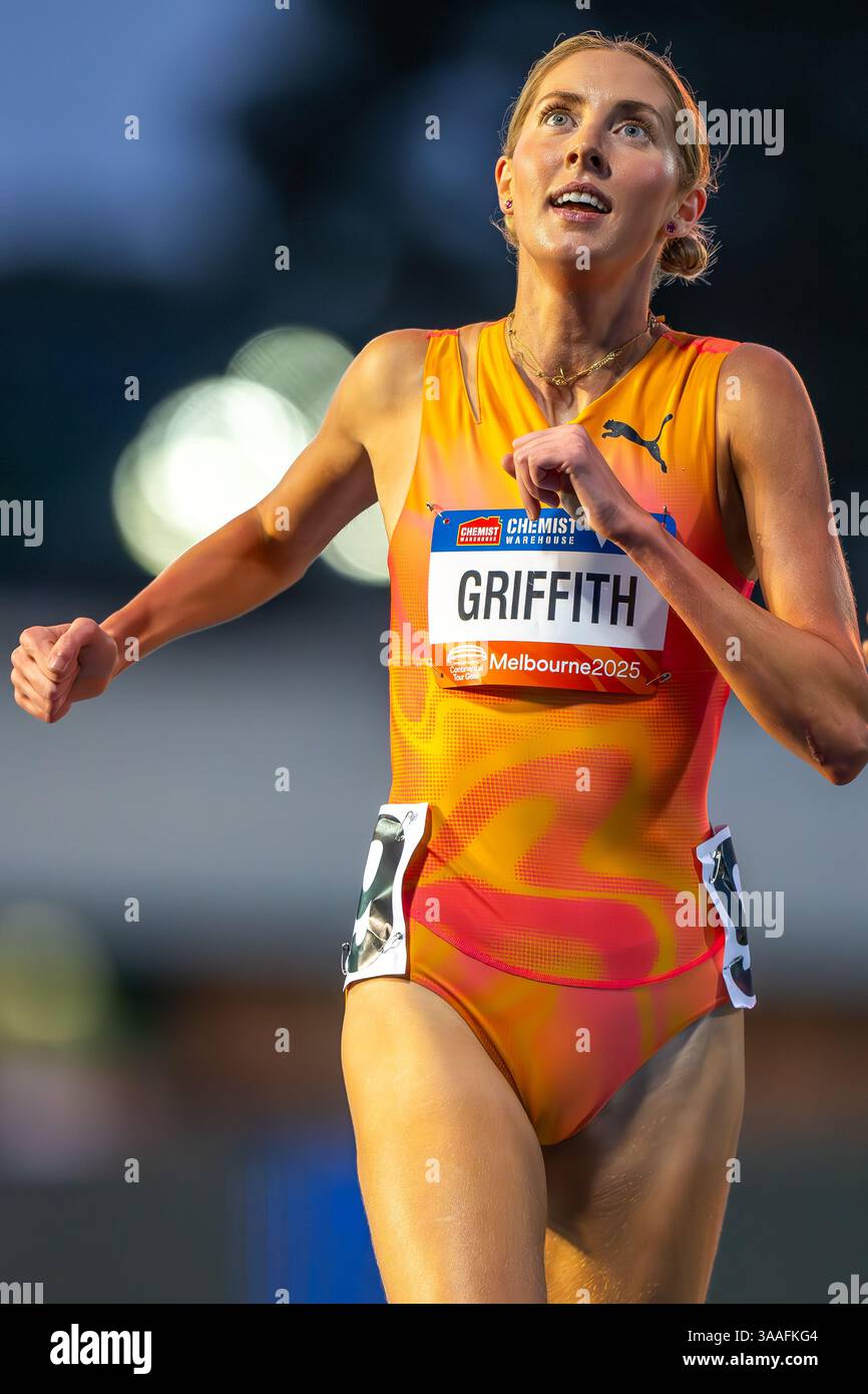 Melbourne, Australia. 29 marzo 2025. Georgia Griffith, australiana, finisce seconda nella gara femminile dei 3000 m presso lo stabilimento di Maurie 2025 per il World Athletics Continental Tour Gold. 2025 Maurie Plant Invitational - World Athletics Continental Tour Gold. Credito: SOPA Images Limited/Alamy Live News Foto Stock