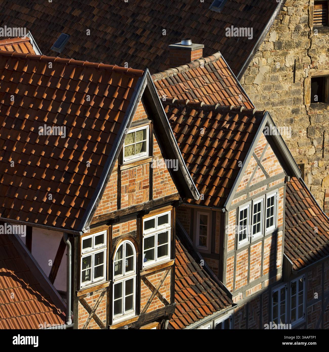 Vista dall'alto sui tetti della città vecchia, città patrimonio dell'umanità di Quedlinburg, Sassonia-Anhalt, Germania, Europa Foto Stock