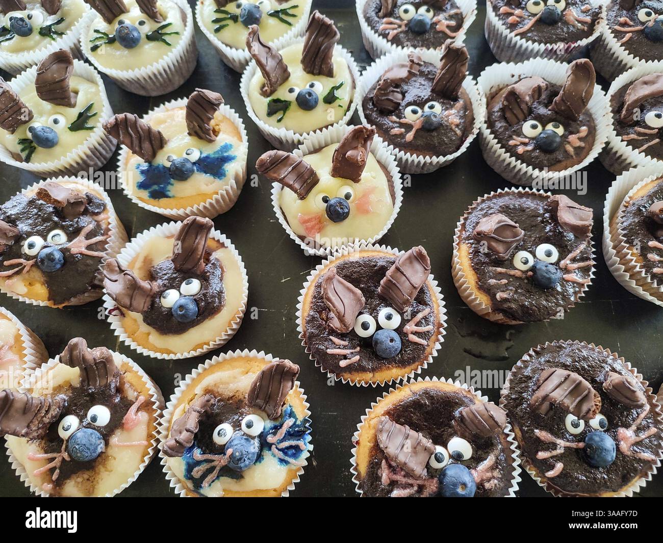 Cupcake decorati con cura con volti divertenti Foto Stock
