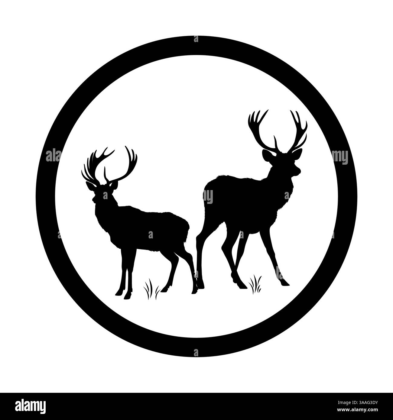 La maestosa silhouette del cervo si erge orgogliosamente all'interno di una cornice circolare, con lo sfondo bianco e lo stile minimalista Illustrazione Vettoriale
