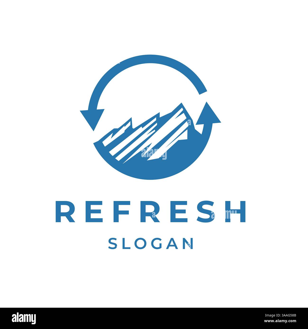 Logo Mountain dal design minimalista circondato da frecce circolari, questo design è adatto a marchi che si concentrano sulla natura, l'avventura e il rinnovamento. Illustrazione Vettoriale
