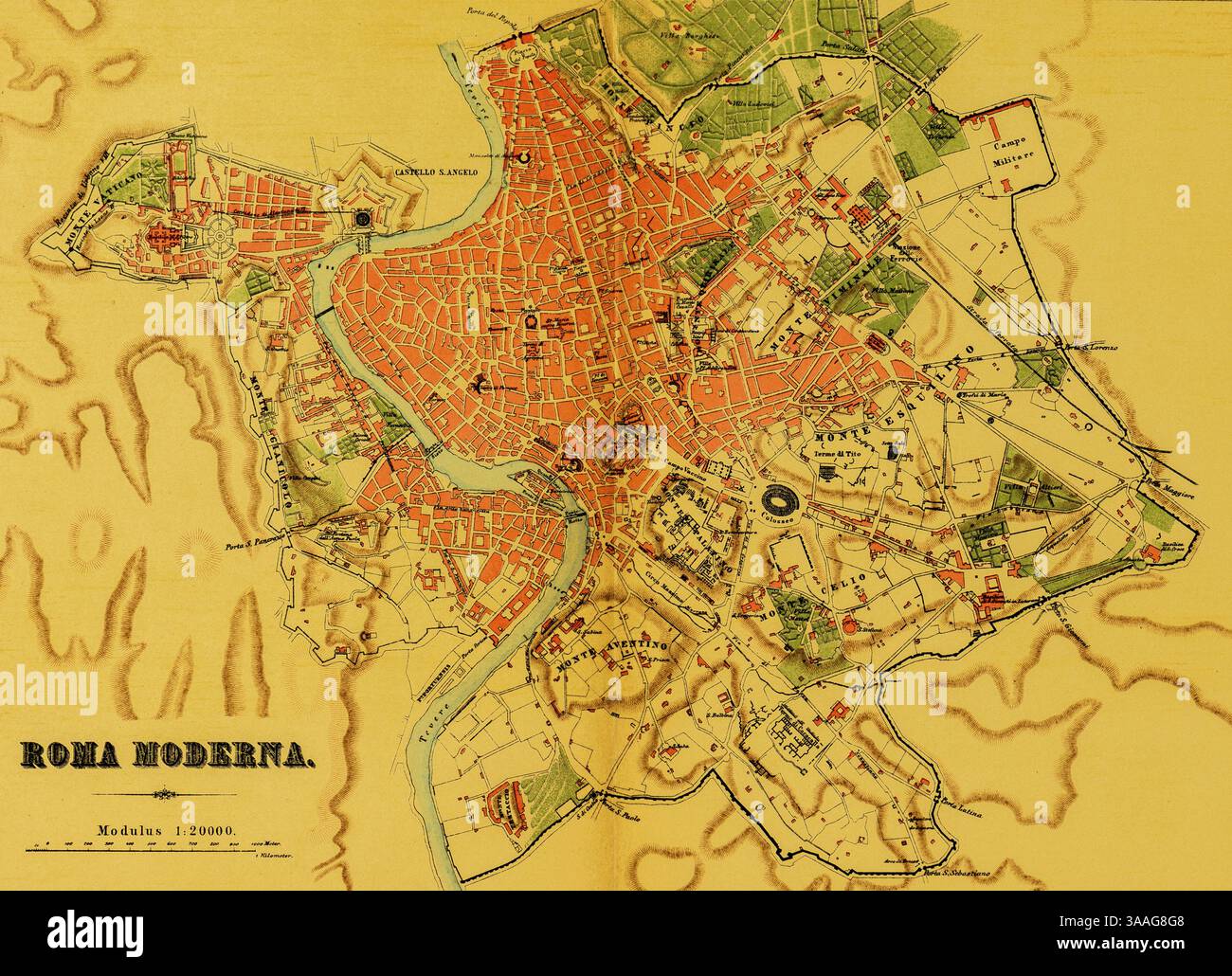 Mappa della città Roma moderna sul Tevere con scala, Colosseo, sette colline della città, Vaticano, Villa Borghese, Roma antica, Italia, colorato storico i Foto Stock