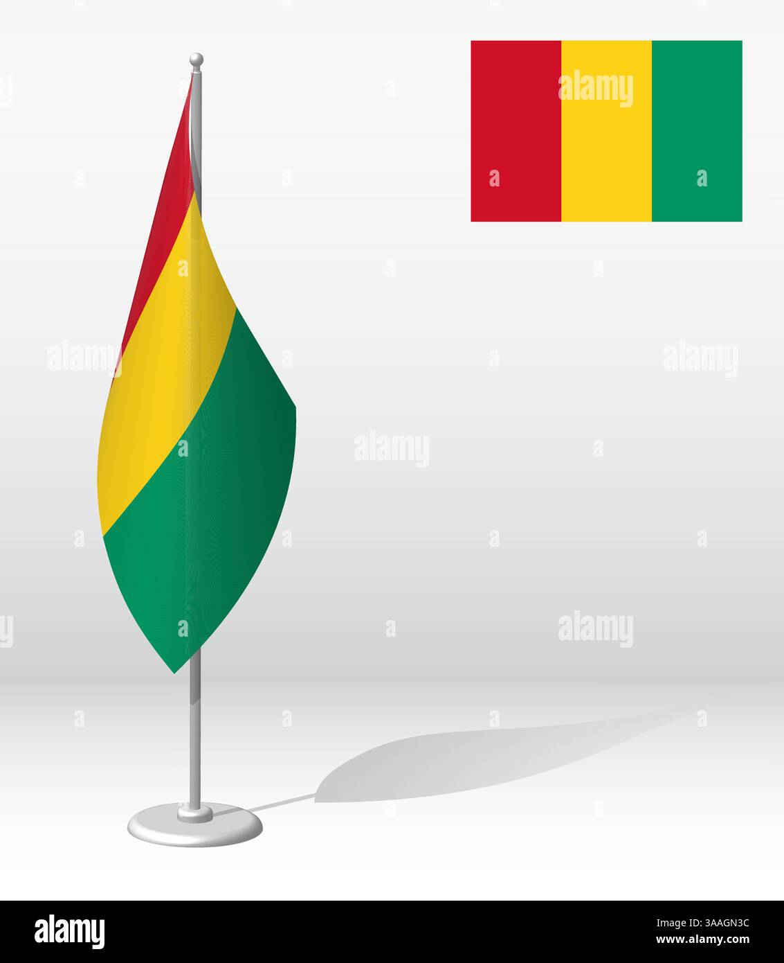 Bandiera della Guinea sul palo per la registrazione di un evento solenne, incontro con ospiti stranieri. Giornata nazionale dell'indipendenza della Guinea. Vettore 3D realistico su bianco Illustrazione Vettoriale