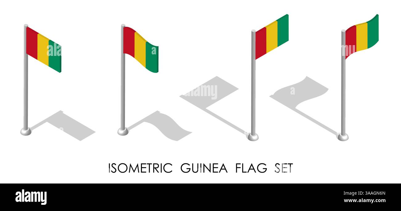 Bandiera isometrica della Guinea in posizione statica e in movimento sul palo. Punto di riferimento della mappa della Guinea. vettore 3d isolato su sfondo bianco Illustrazione Vettoriale