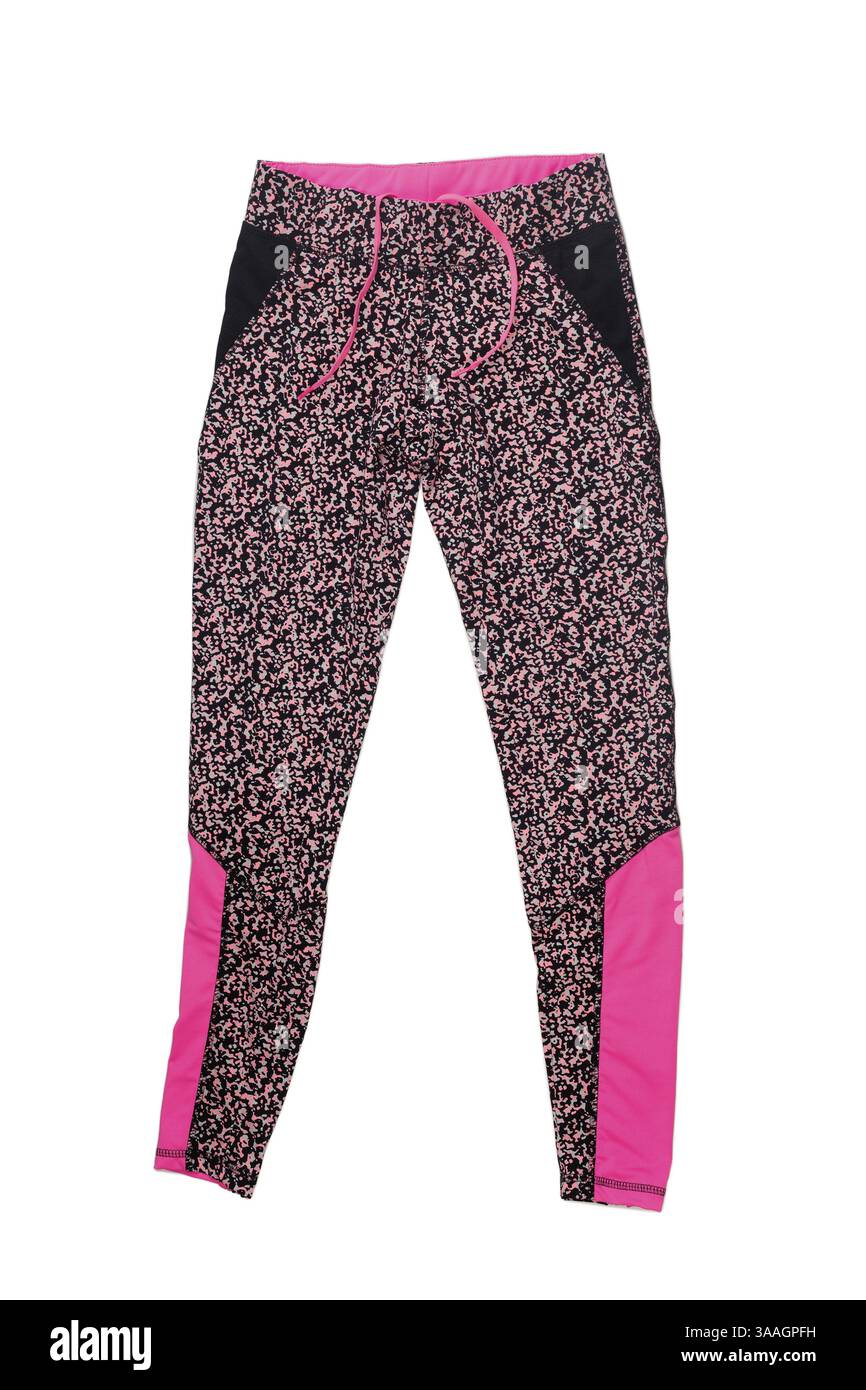 Abbigliamento rosa con collant neri da training. Isolare su bianco Foto Stock