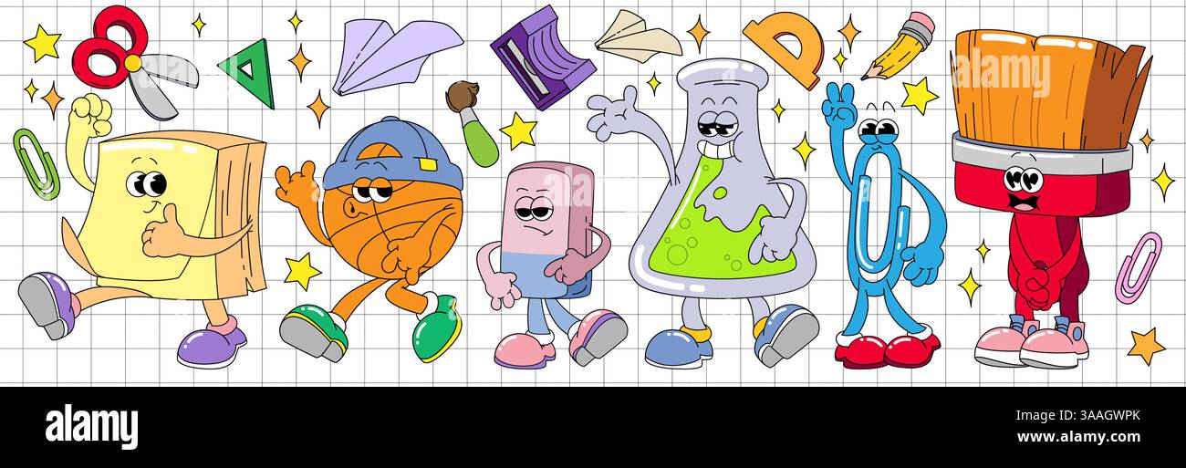 I personaggi delle scuole retrò sono isolati sullo sfondo della pagina del notebook. Illustrazione di cartoni animati vettoriali di note adesive funky, palla da basket, gomma, fiasca chimica, graffetta, spazzolare le mascotte con il viso sorridente Illustrazione Vettoriale