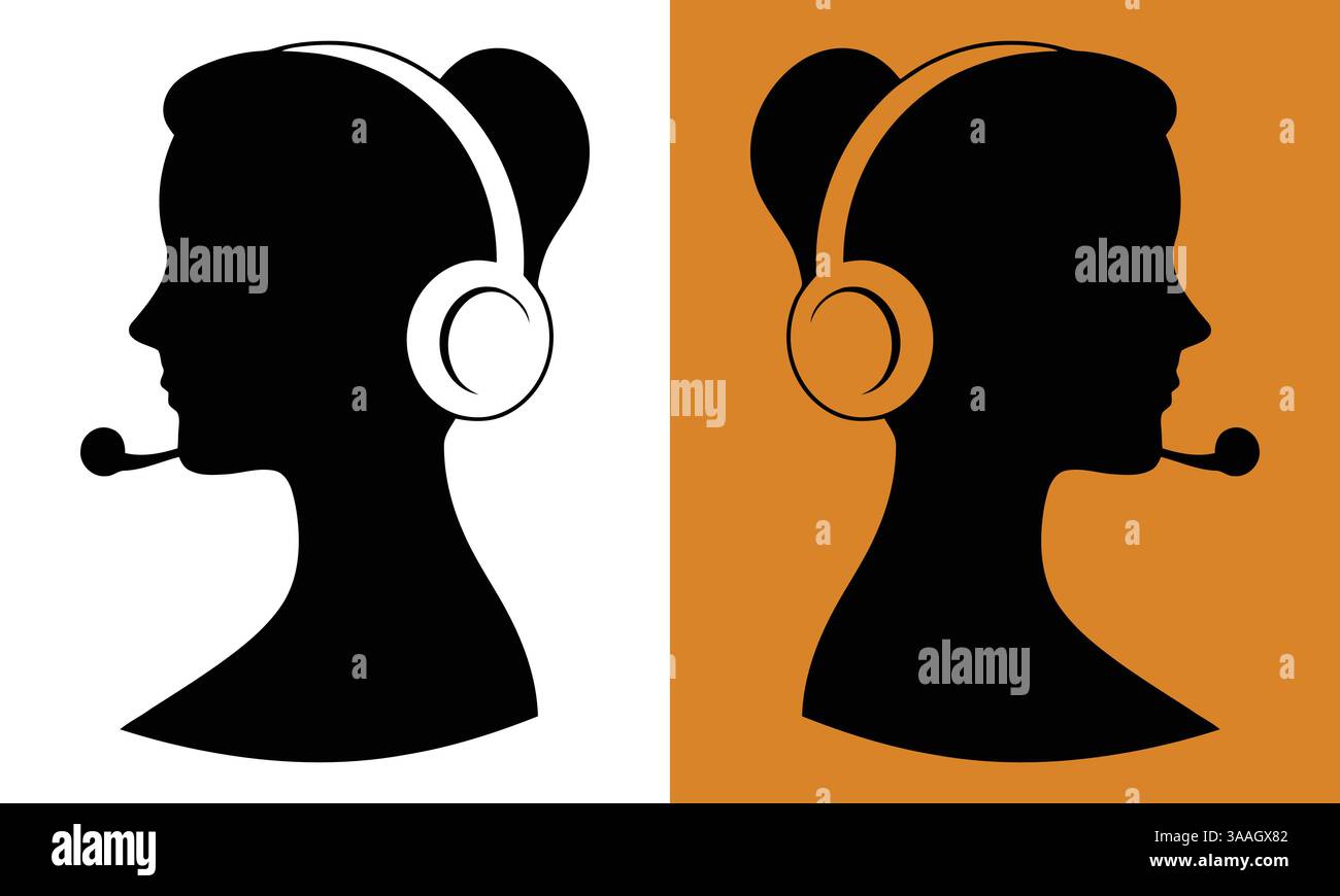 Illustrazione di un agente di assistenza clienti donna con auricolare, perfetta per call center, help desk o videografica con assistente virtuale. Illustrazione Vettoriale