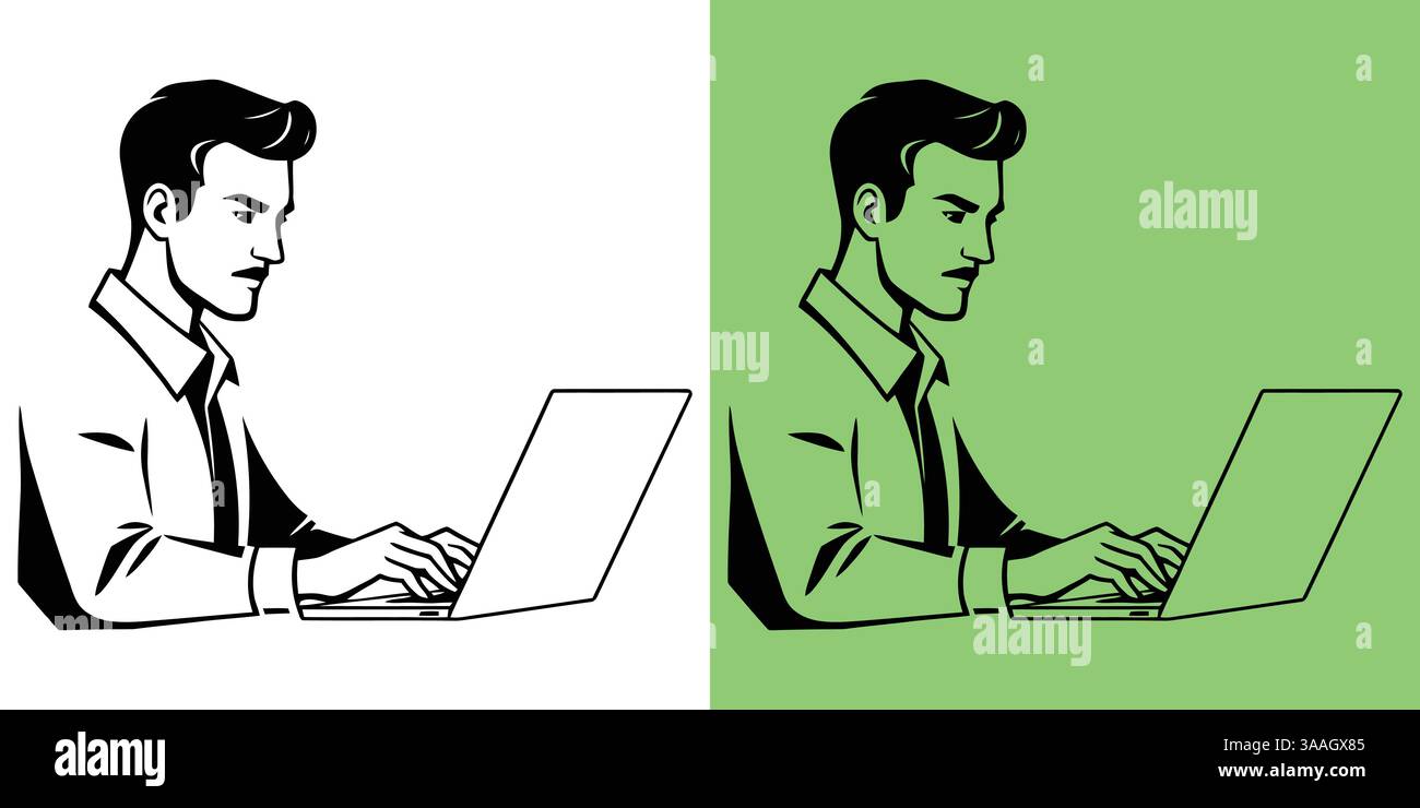 Illustrazione di un lavoratore che lavora alla scrivania con un computer portatile, un uomo d'affari che lavora davanti al computer portatile, ideale per progetti con scadenze e riunioni remote. Illustrazione Vettoriale