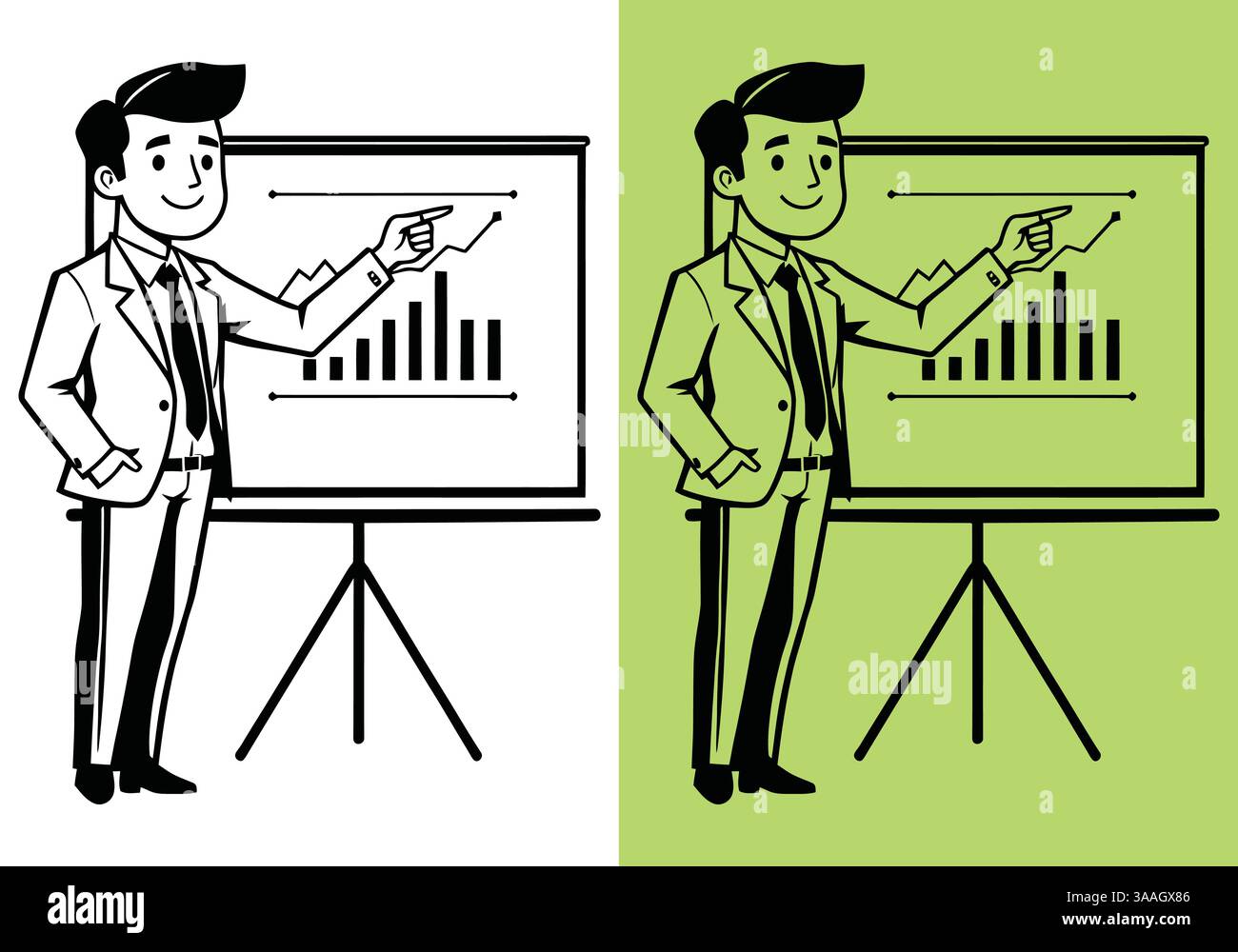 Illustrazione di un uomo d'affari che fornisce una presentazione dei dati utilizzando grafici, Un uomo d'affari che presenta statistiche su una lavagna Illustrazione Vettoriale
